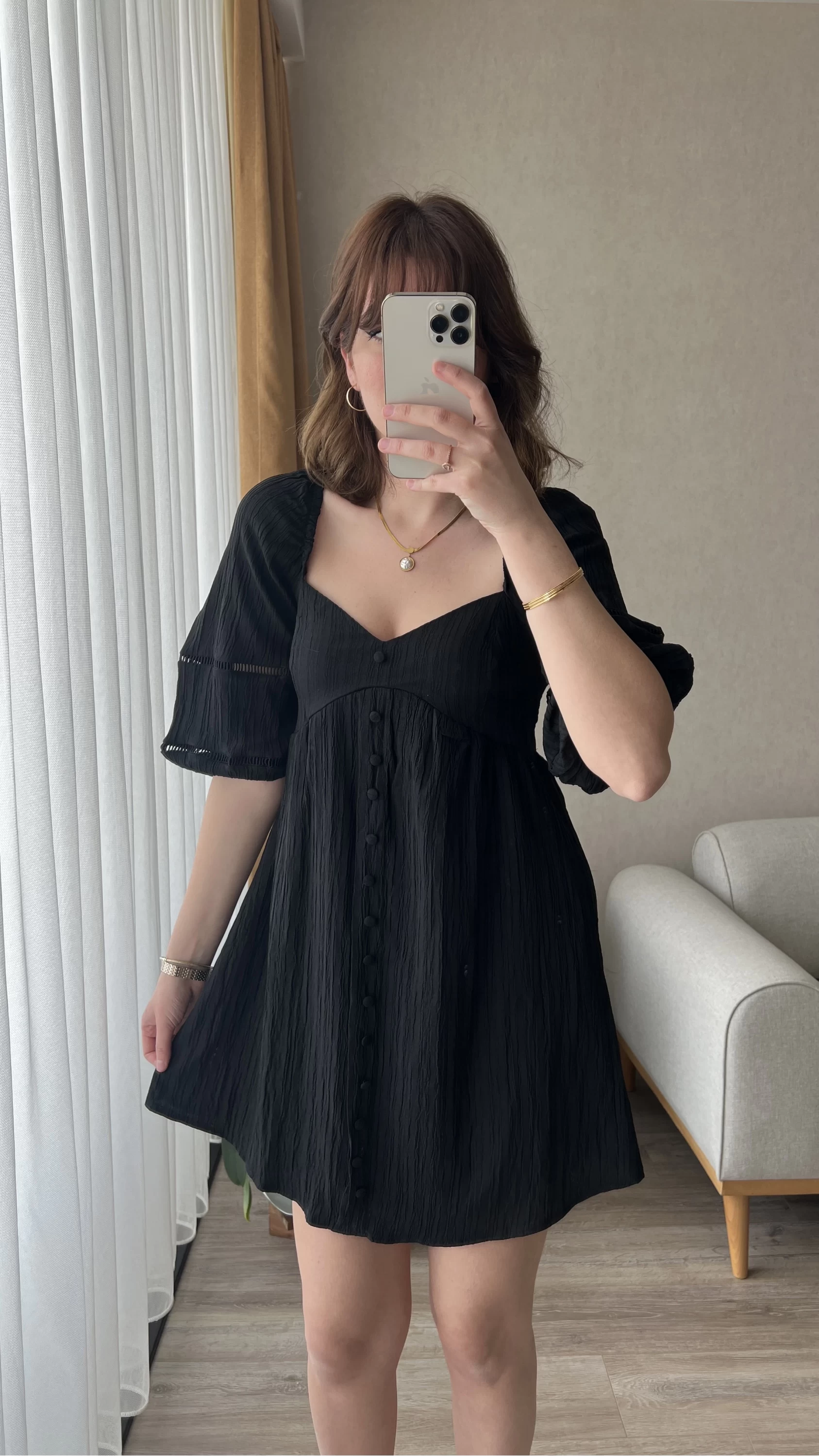 Mira Gofre Kumaş Siyah Elbise