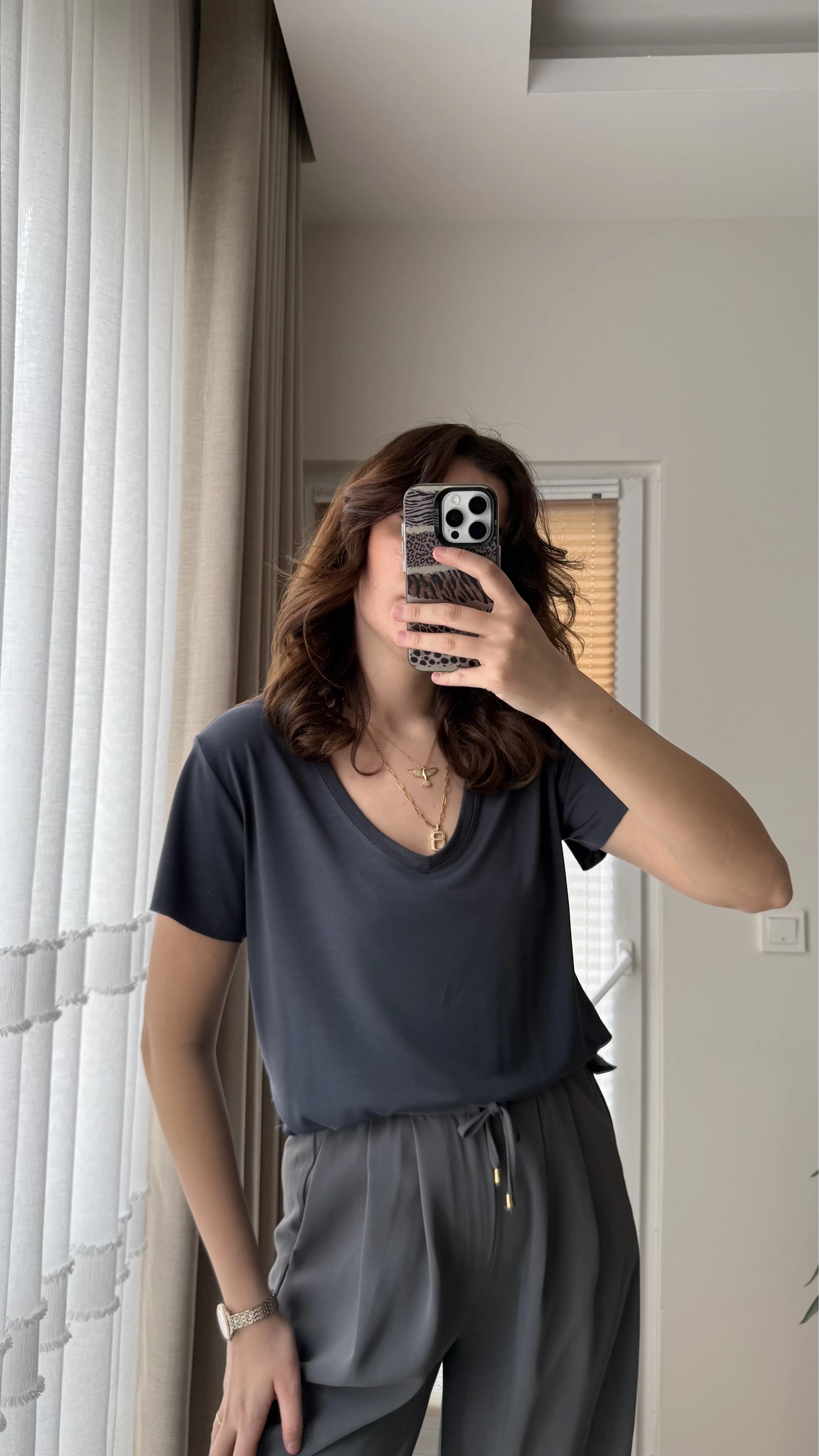 Modal Oys Etiketli V Yaka T-Shirt Antrasit
