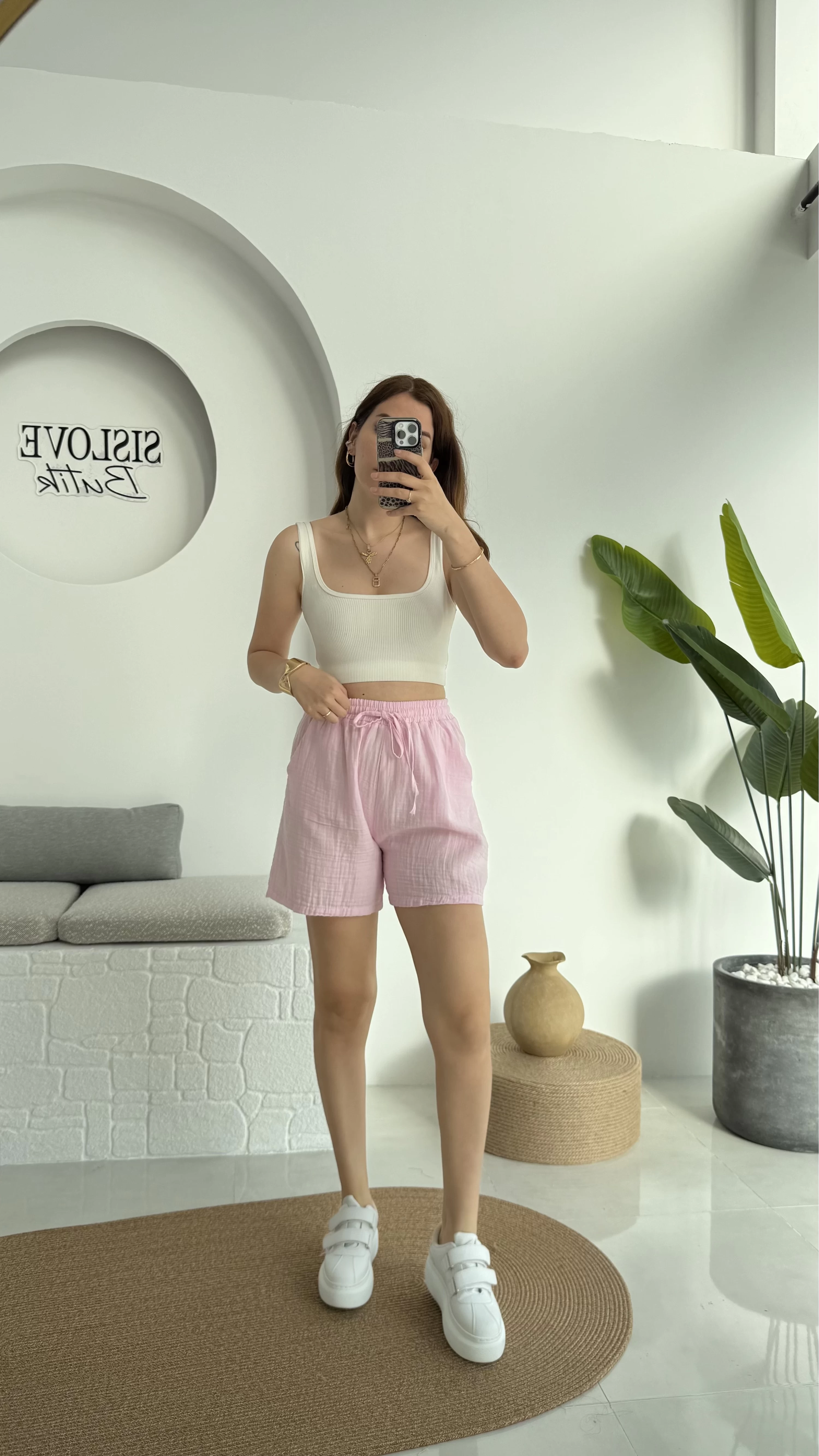 Müslin Kumaş Şort Pembe 0463