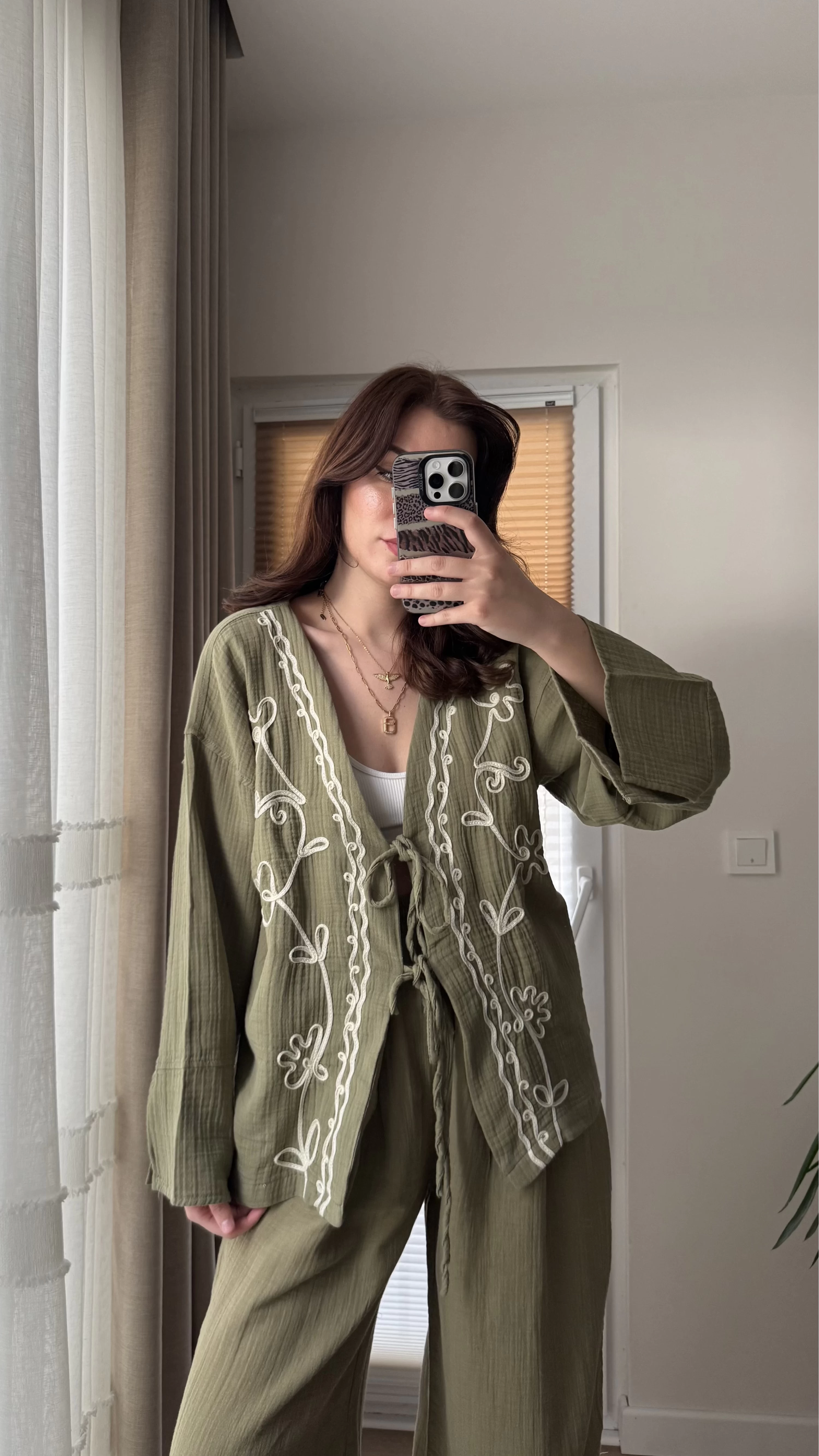 Müslin Nakışlı Kimono - Haki