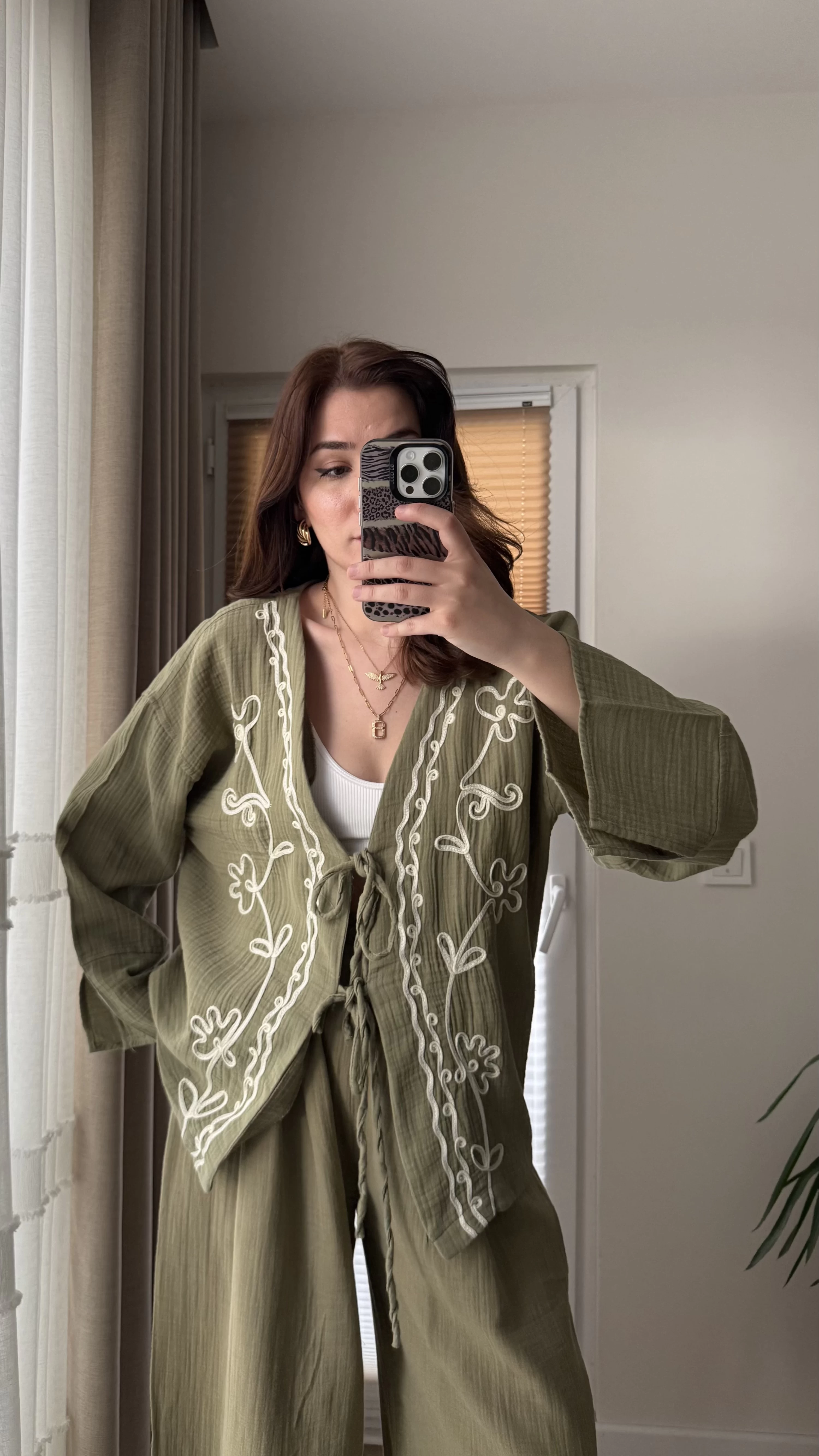 Müslin Nakışlı Kimono - Haki