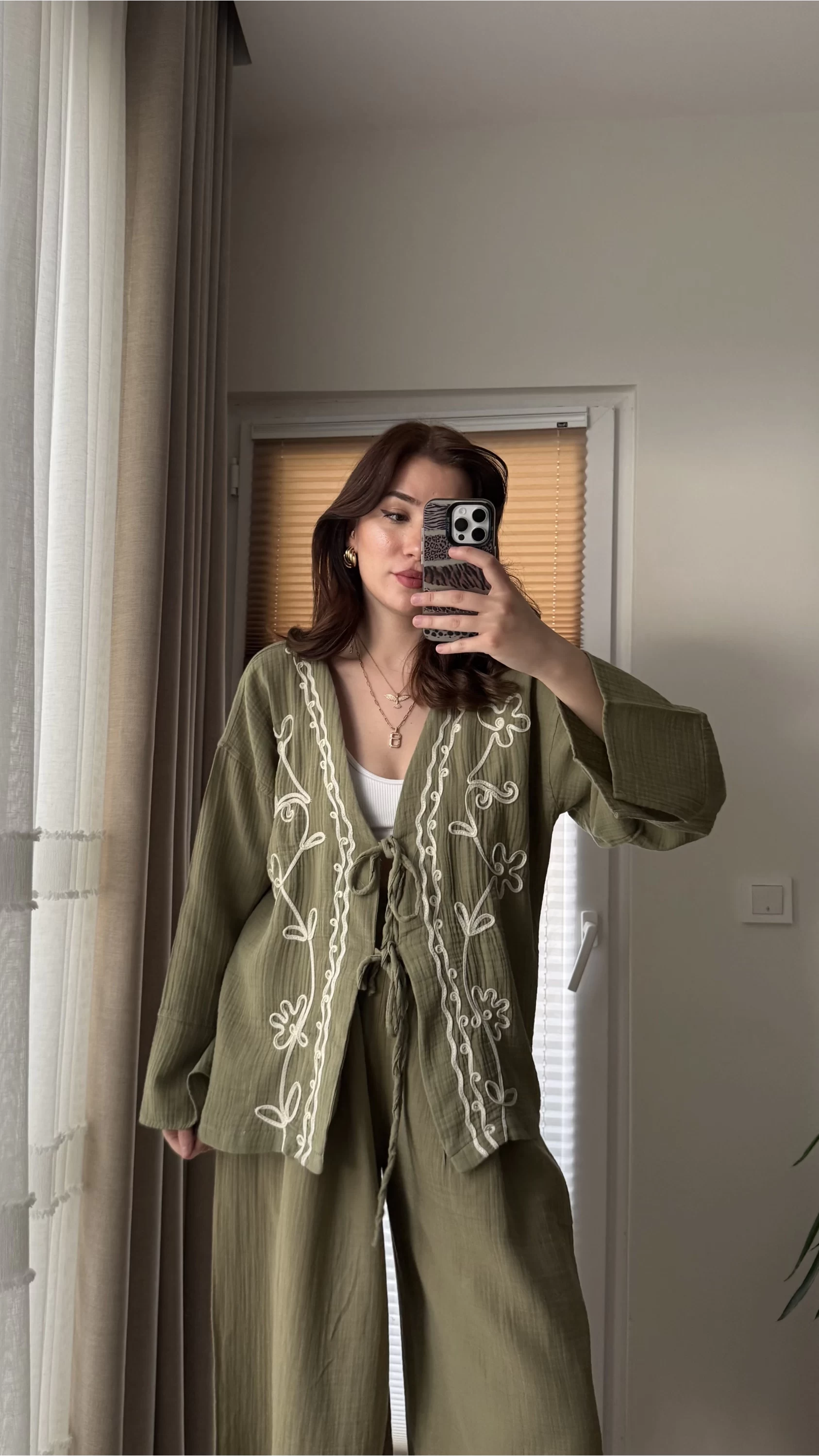 Müslin Nakışlı Kimono - Haki