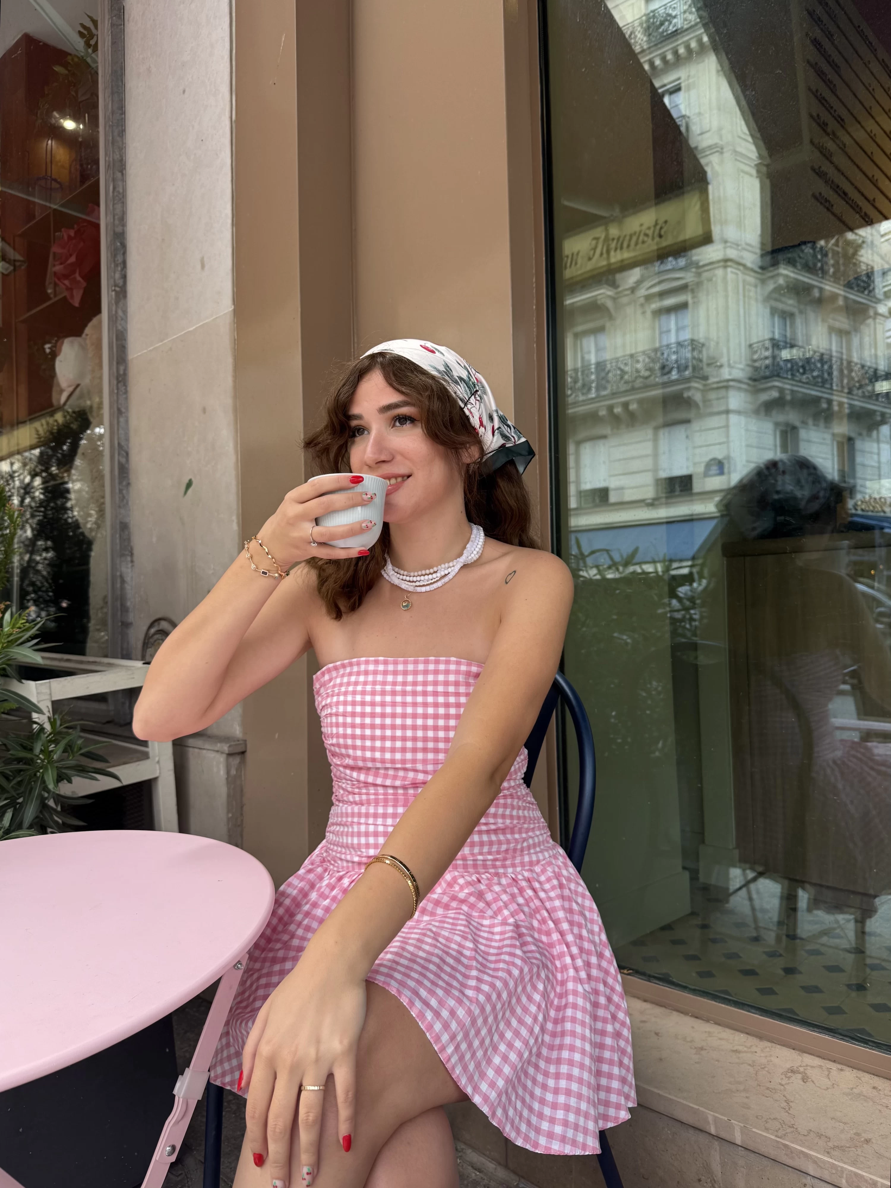 Olé Straplez Pötikare Desenli Pembe Elbise