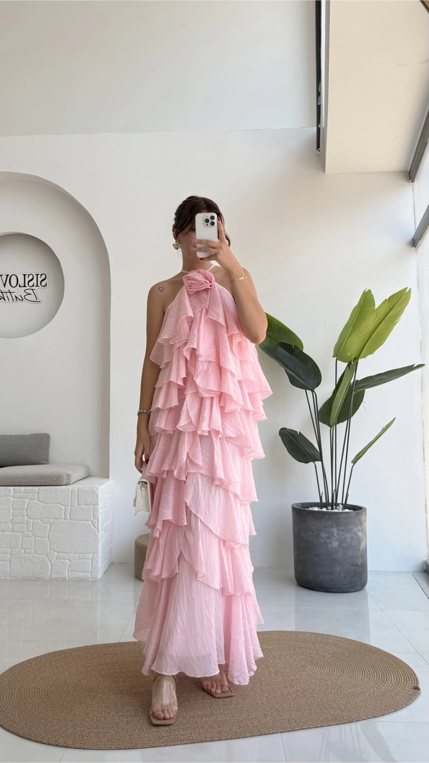 Olivia Gül Detaylı Kat Kat Elbise Pembe