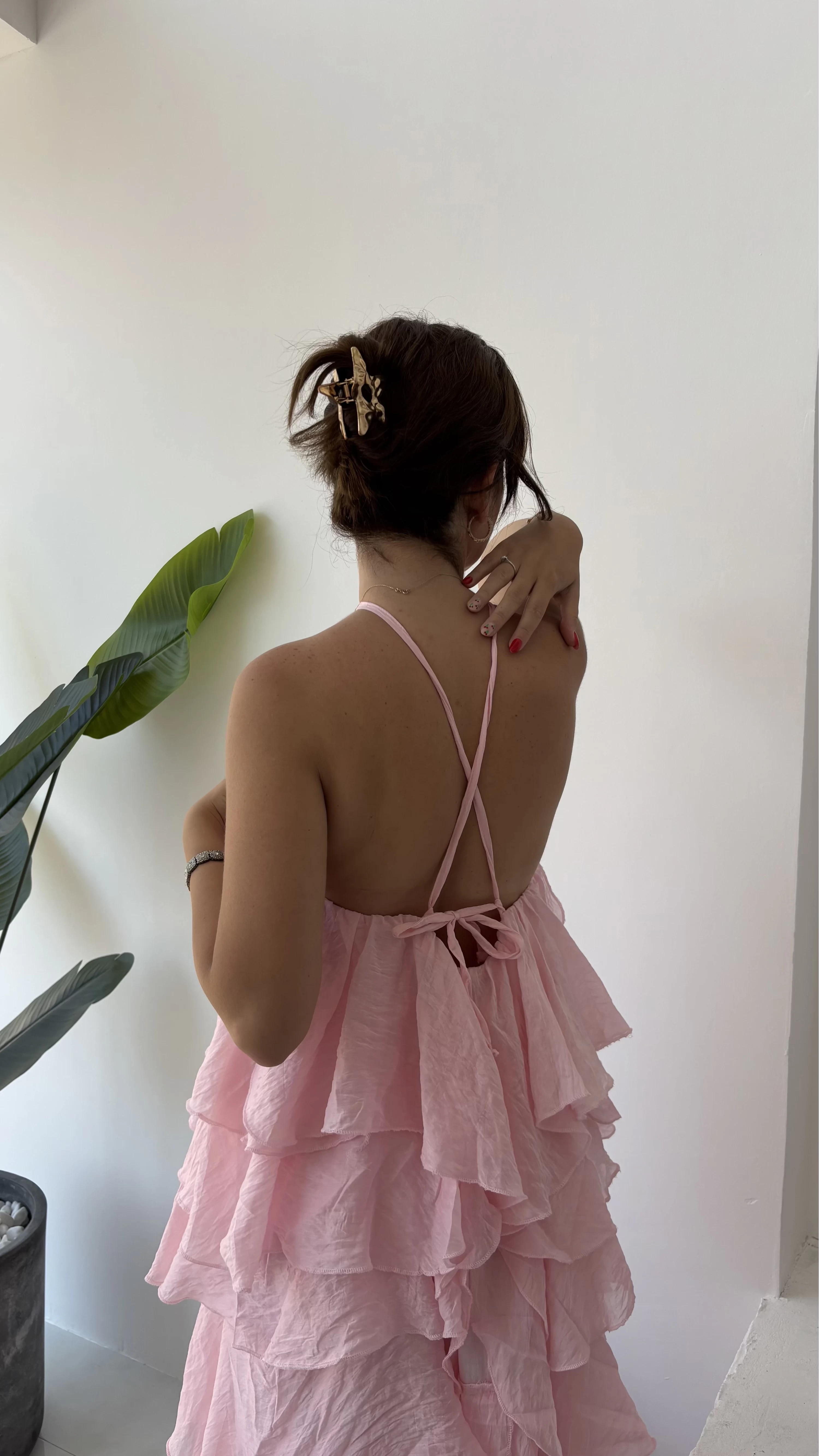 Olivia Gül Detaylı Kat Kat Elbise Pembe