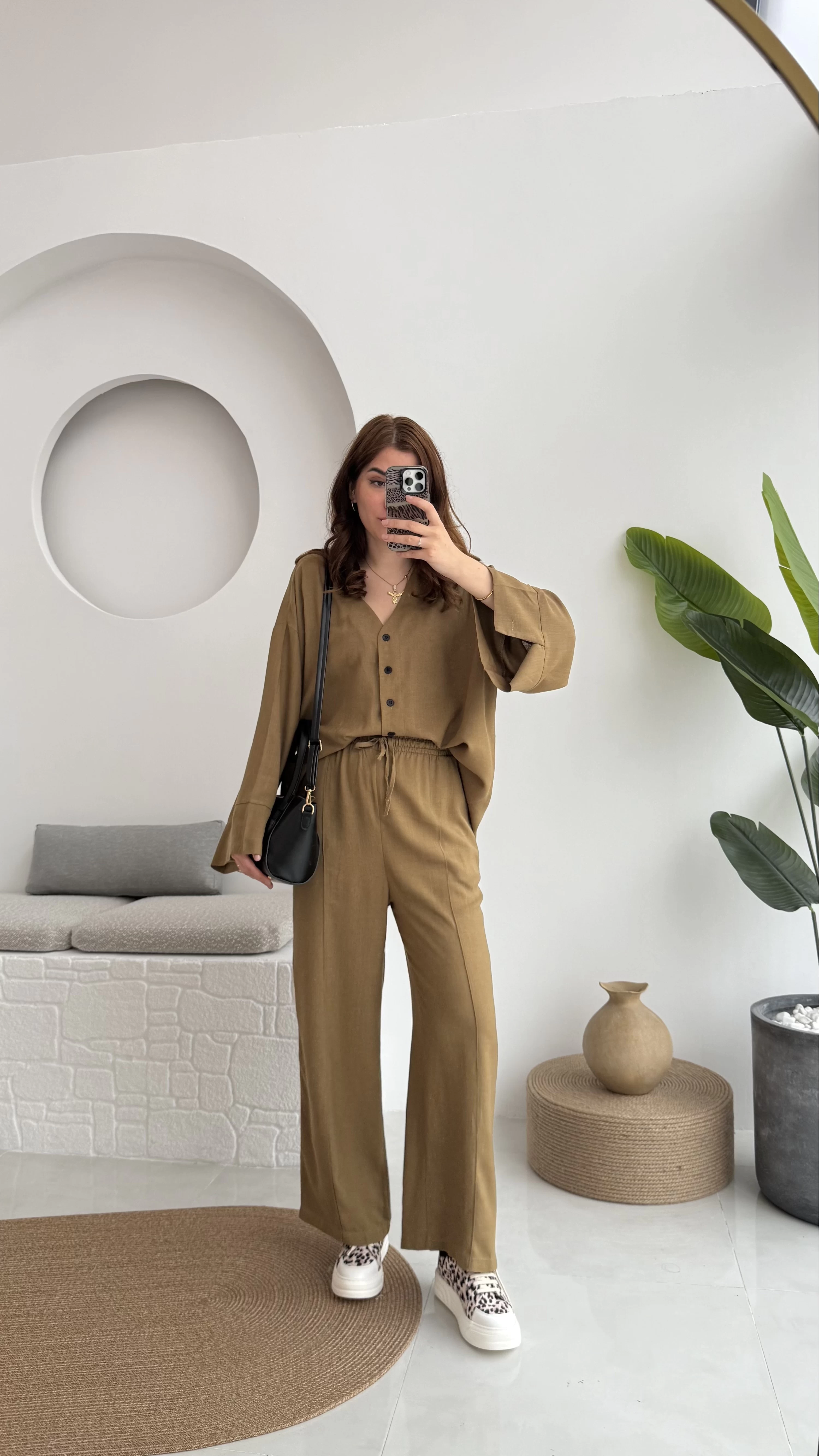 Önü Düğmeli Kimono Keten Takım - 8702 - Haki