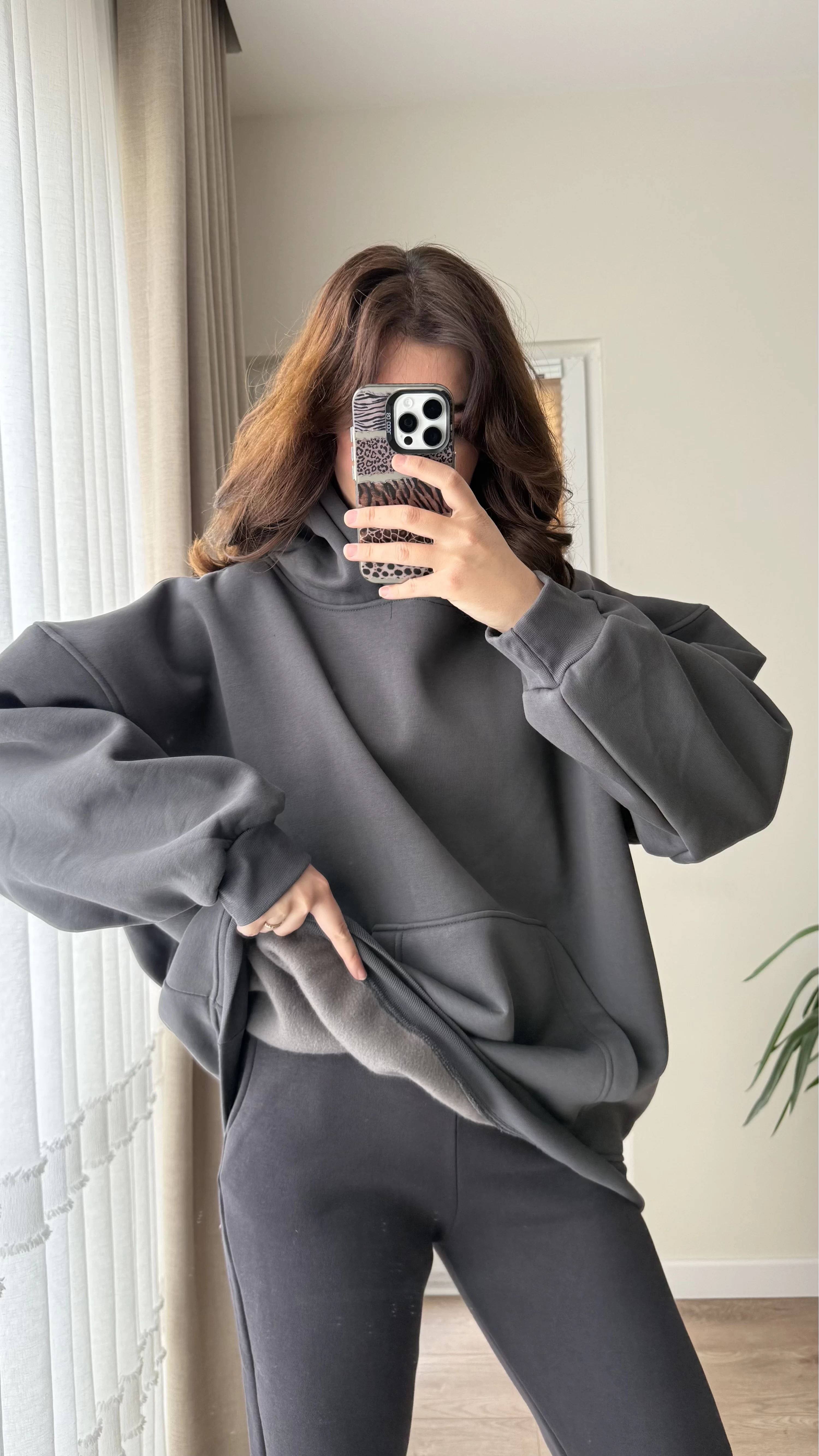 Oversize Kapüşonlu 3 İplik Şardonlu Sweatshirt Antrasit