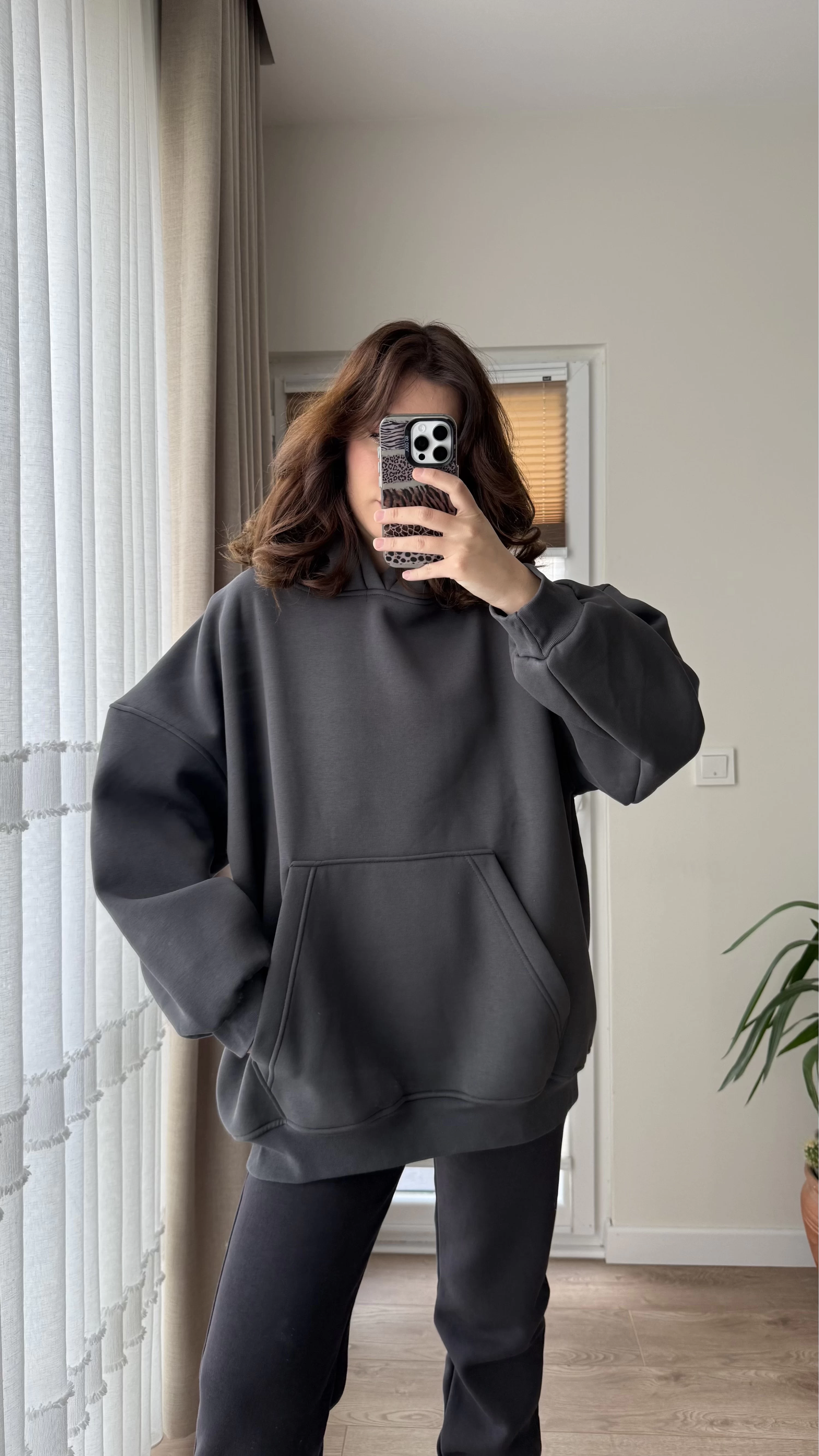 Oversize Kapüşonlu 3 İplik Şardonlu Sweatshirt Antrasit