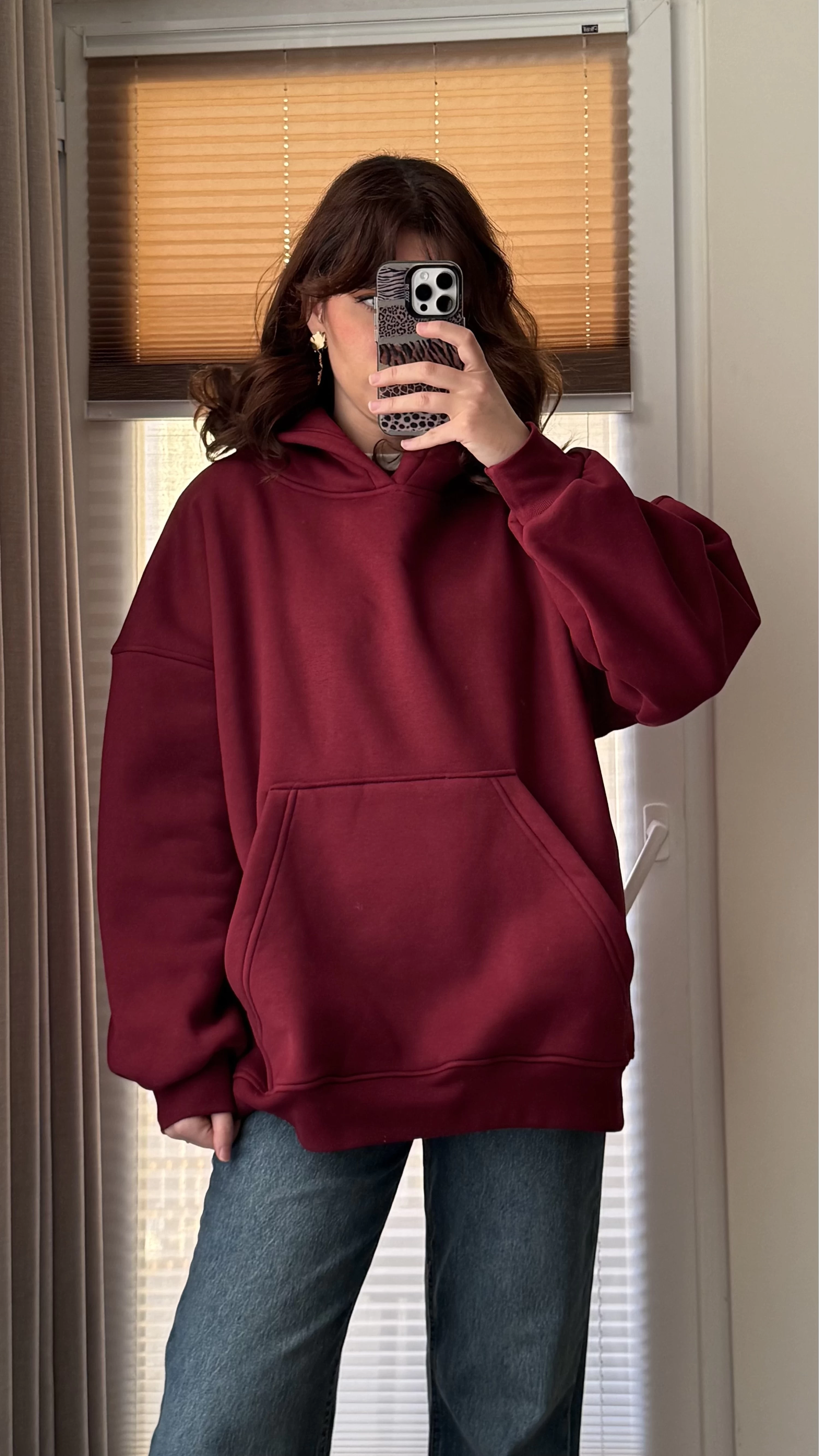 Oversize Kapüşonlu 3 İplik Şardonlu Sweatshirt Bordo