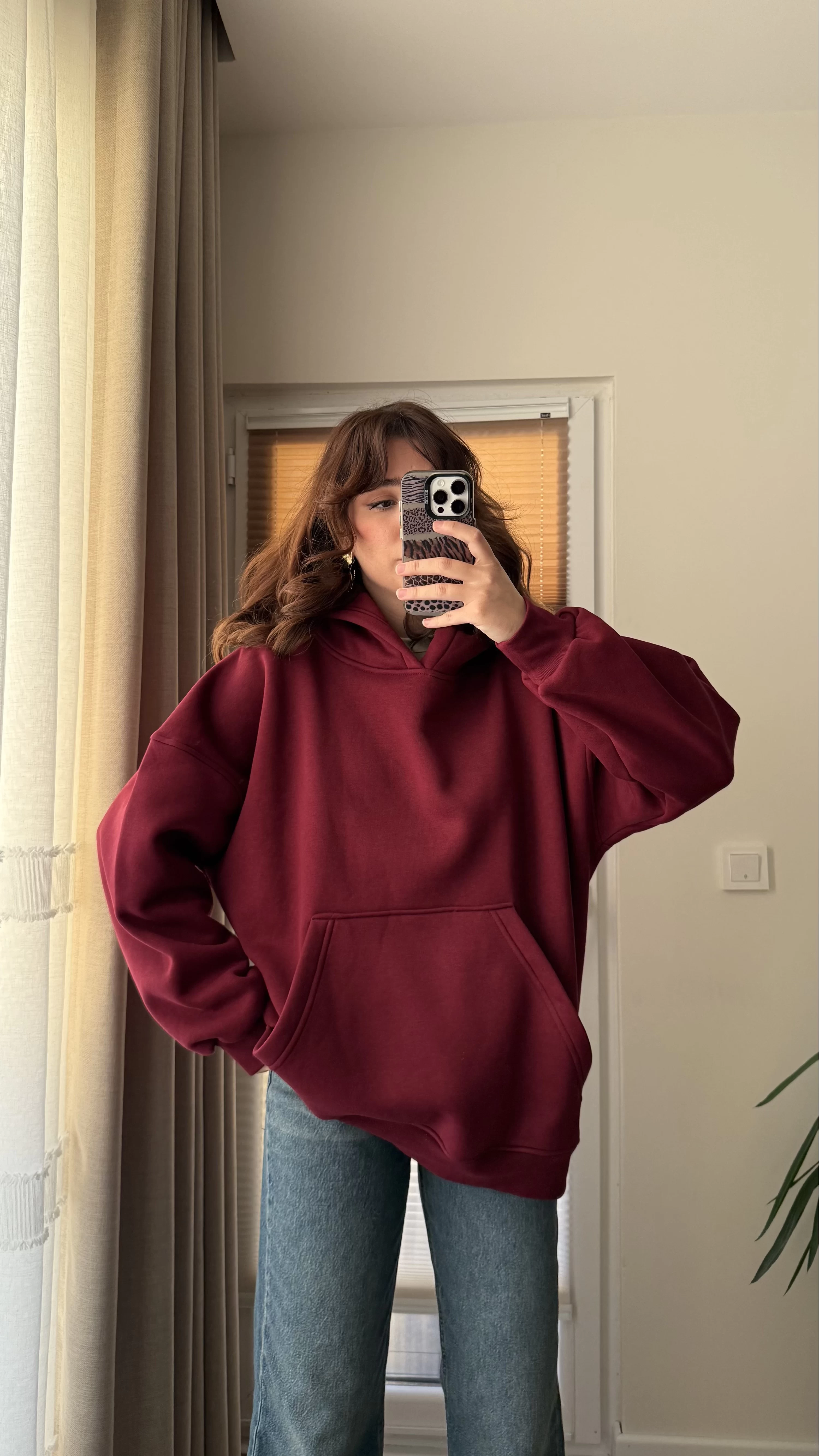 Oversize Kapüşonlu 3 İplik Şardonlu Sweatshirt Bordo