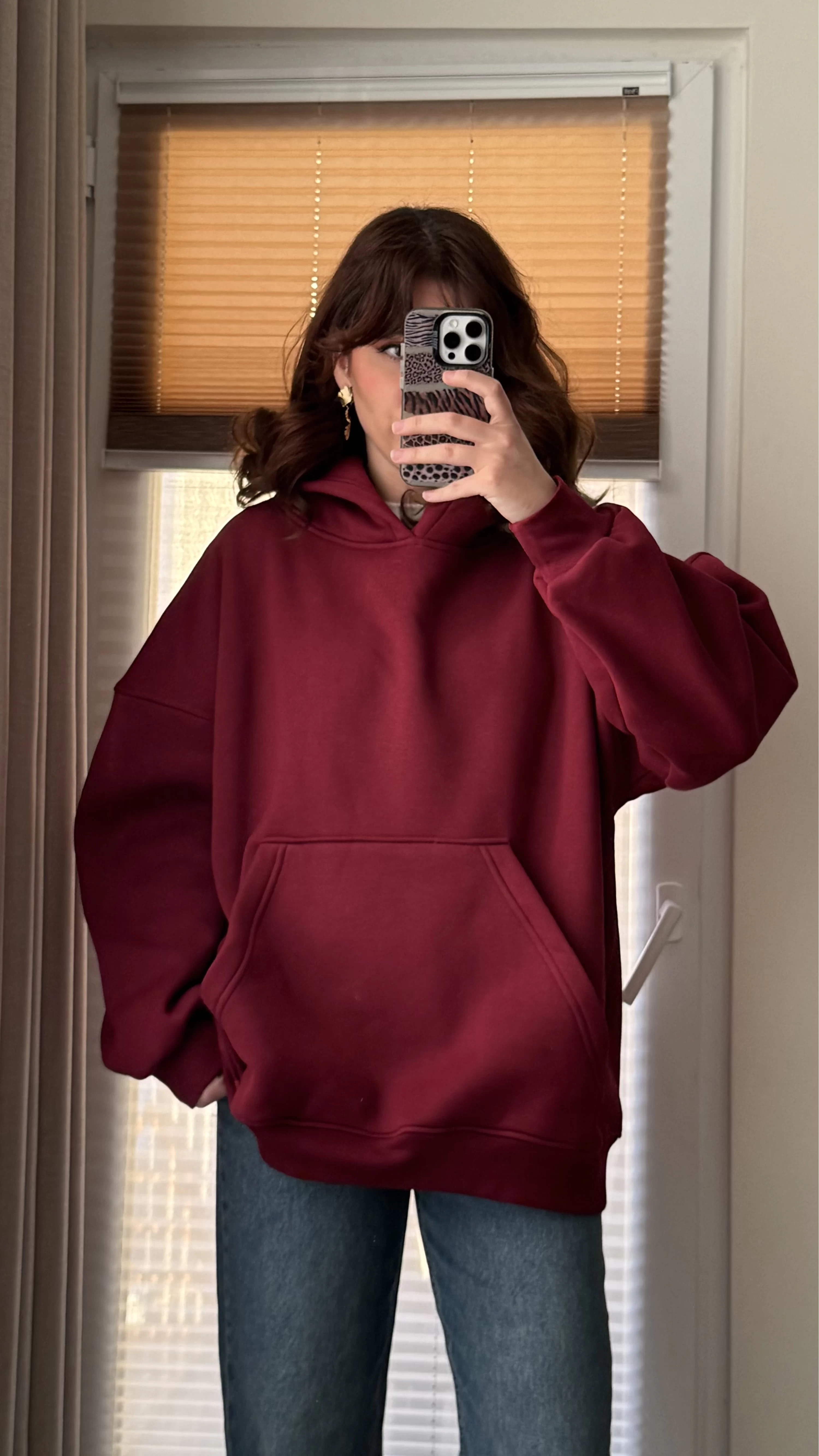 Oversize Kapüşonlu 3 İplik Şardonlu Sweatshirt Bordo