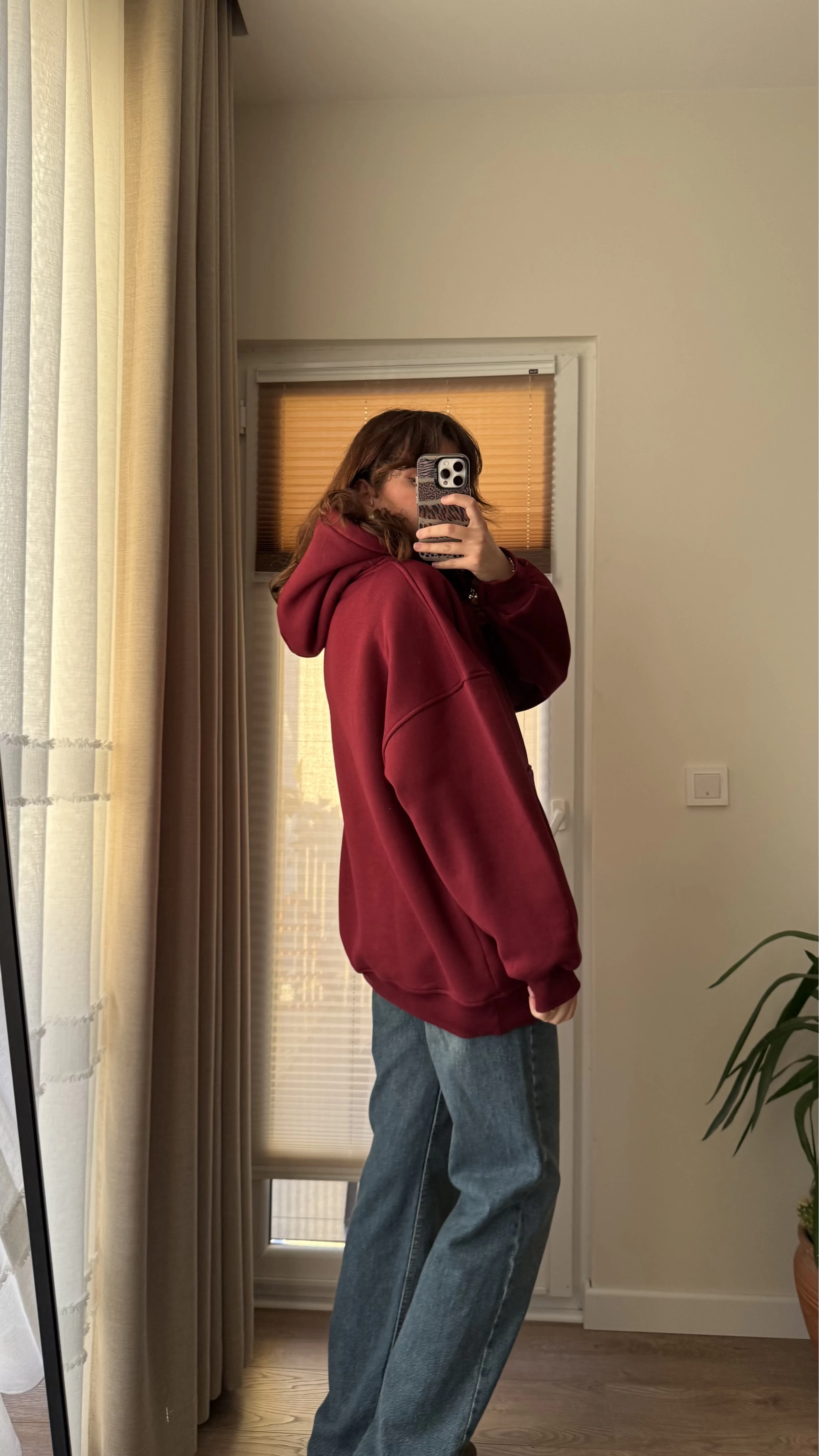 Oversize Kapüşonlu 3 İplik Şardonlu Sweatshirt Bordo