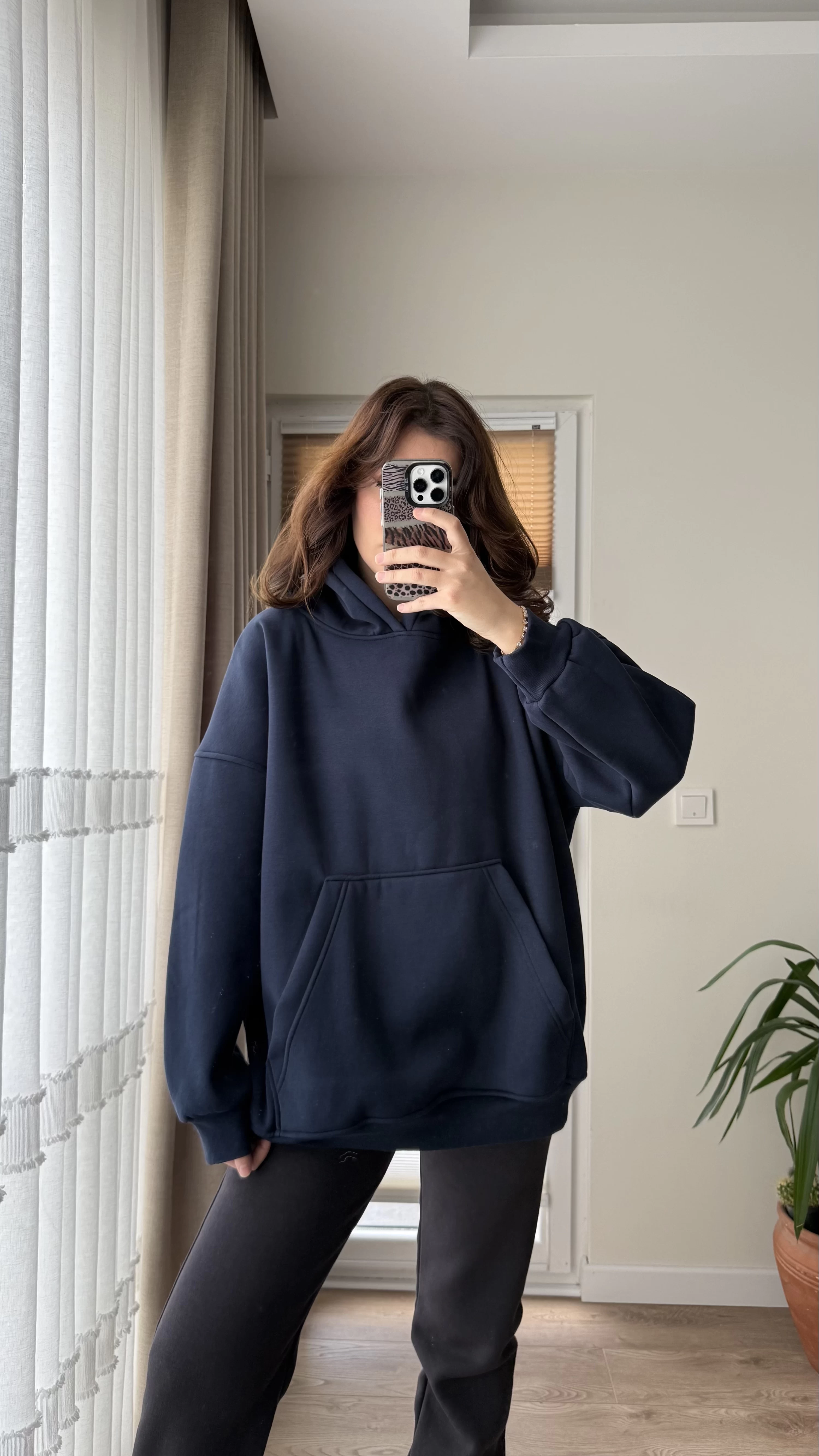 Oversize Kapüşonlu 3 İplik Şardonlu Sweatshirt Lacivert