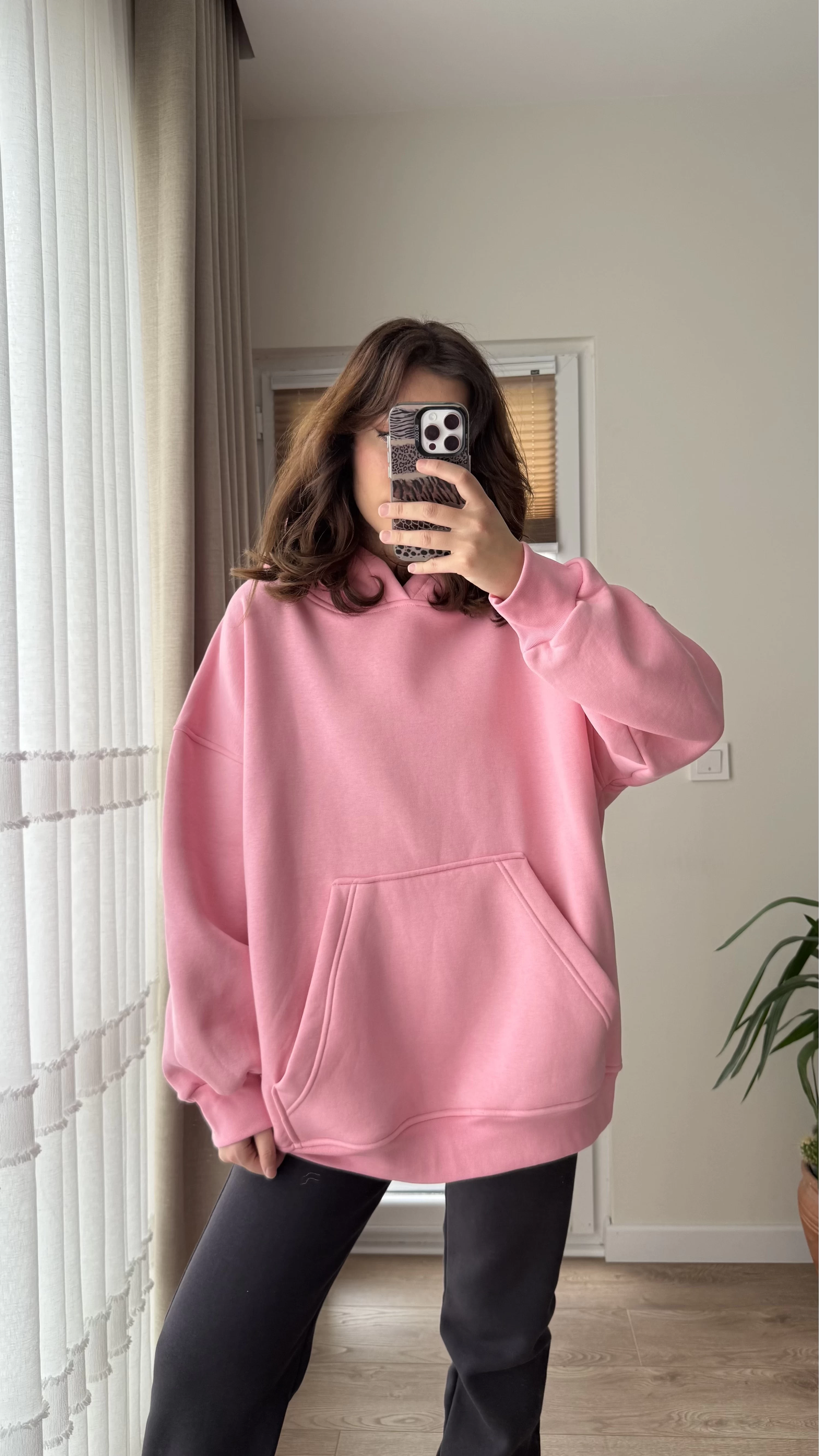 Oversize Kapüşonlu 3 İplik Şardonlu Sweatshirt Pembe