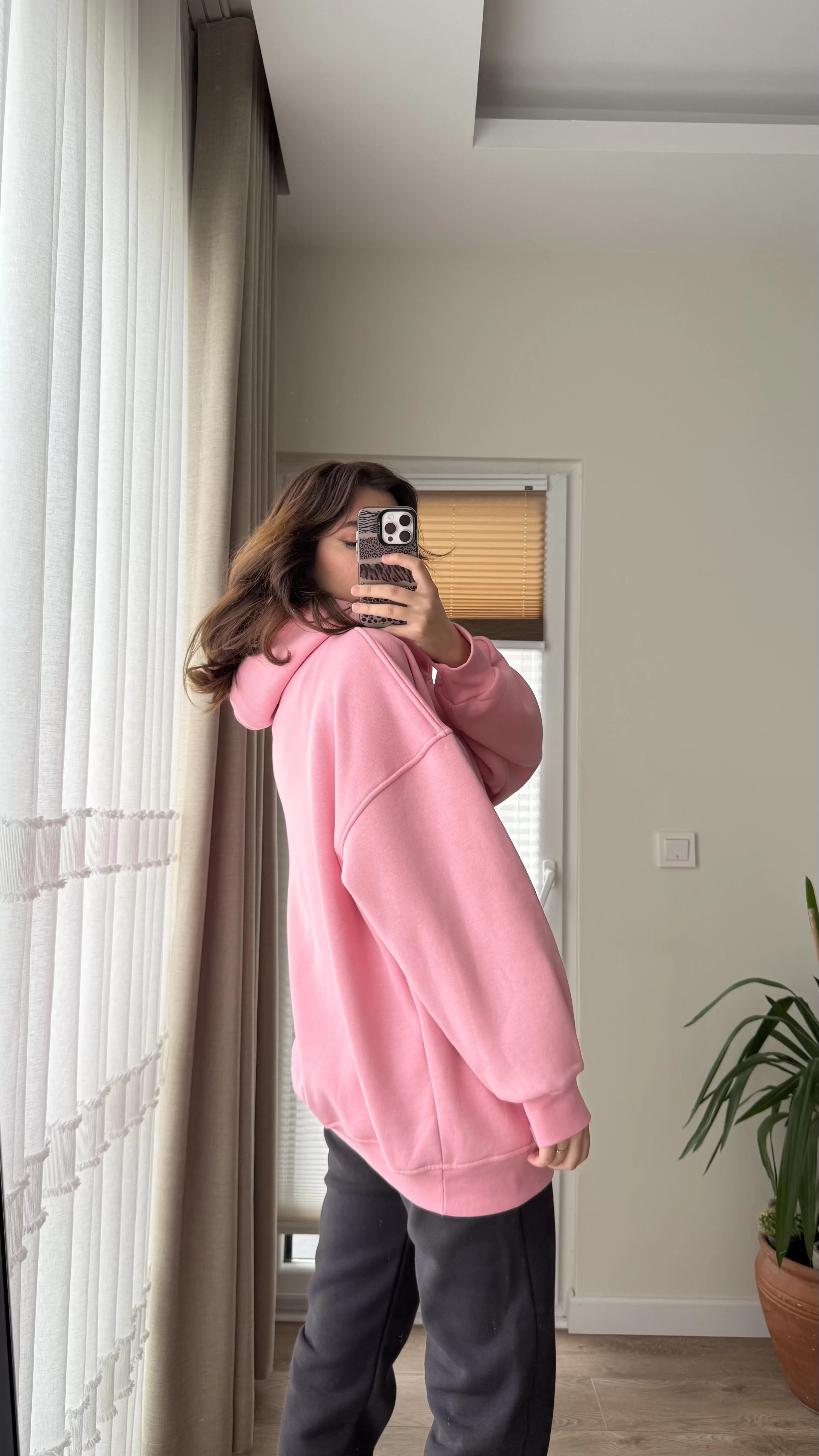 Oversize Kapüşonlu 3 İplik Şardonlu Sweatshirt Pembe