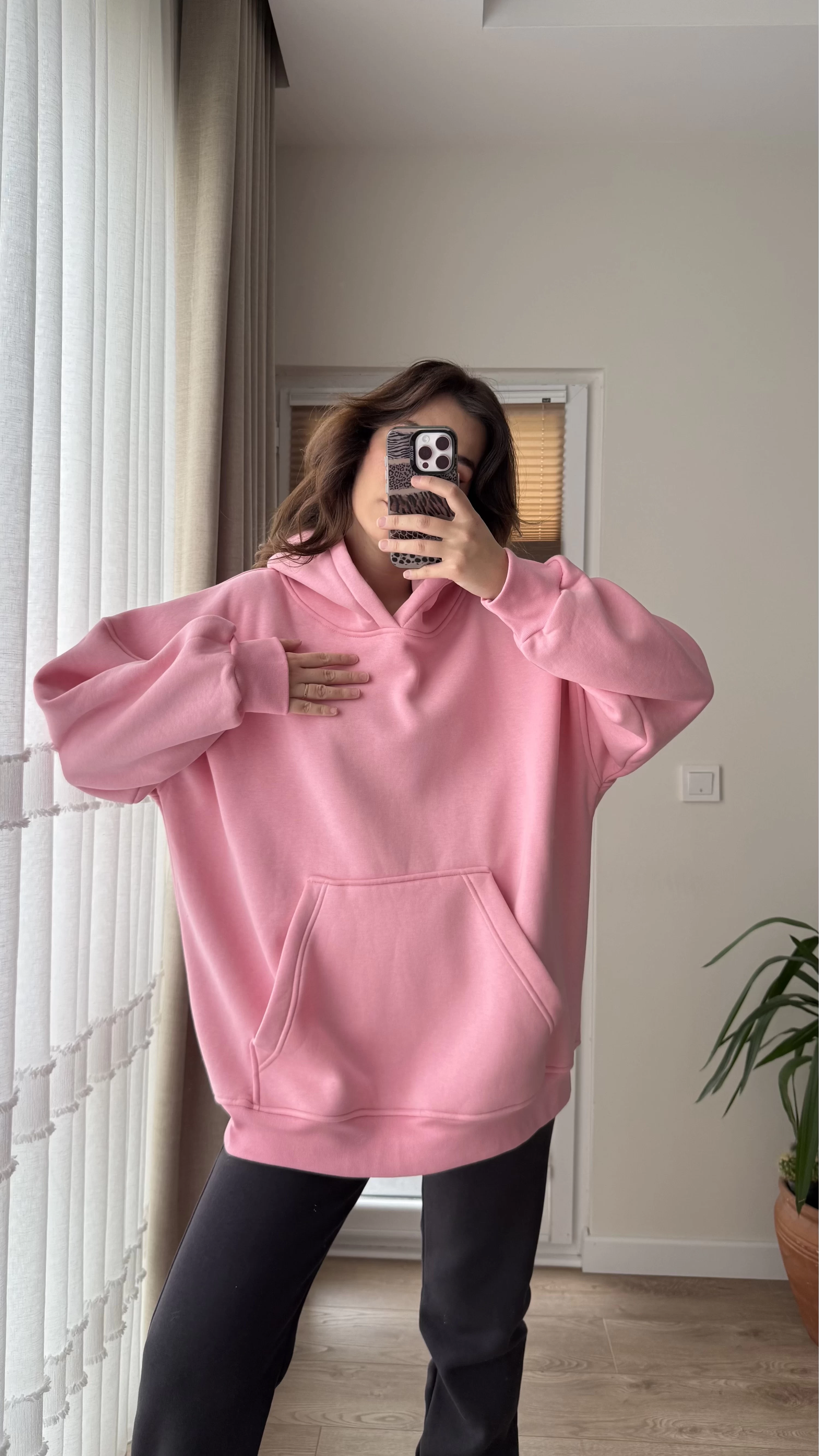 Oversize Kapüşonlu 3 İplik Şardonlu Sweatshirt Pembe