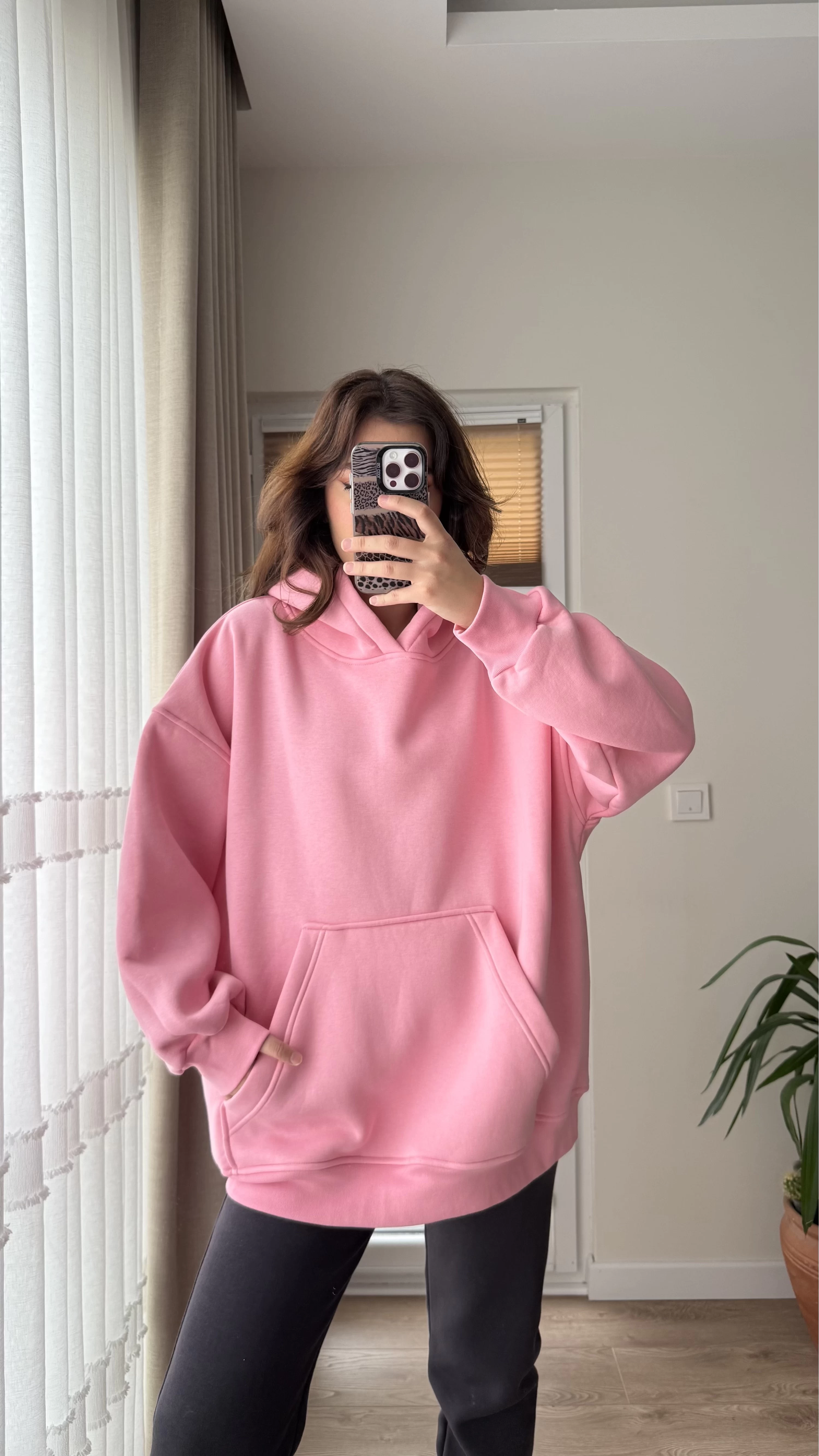 Oversize Kapüşonlu 3 İplik Şardonlu Sweatshirt Pembe