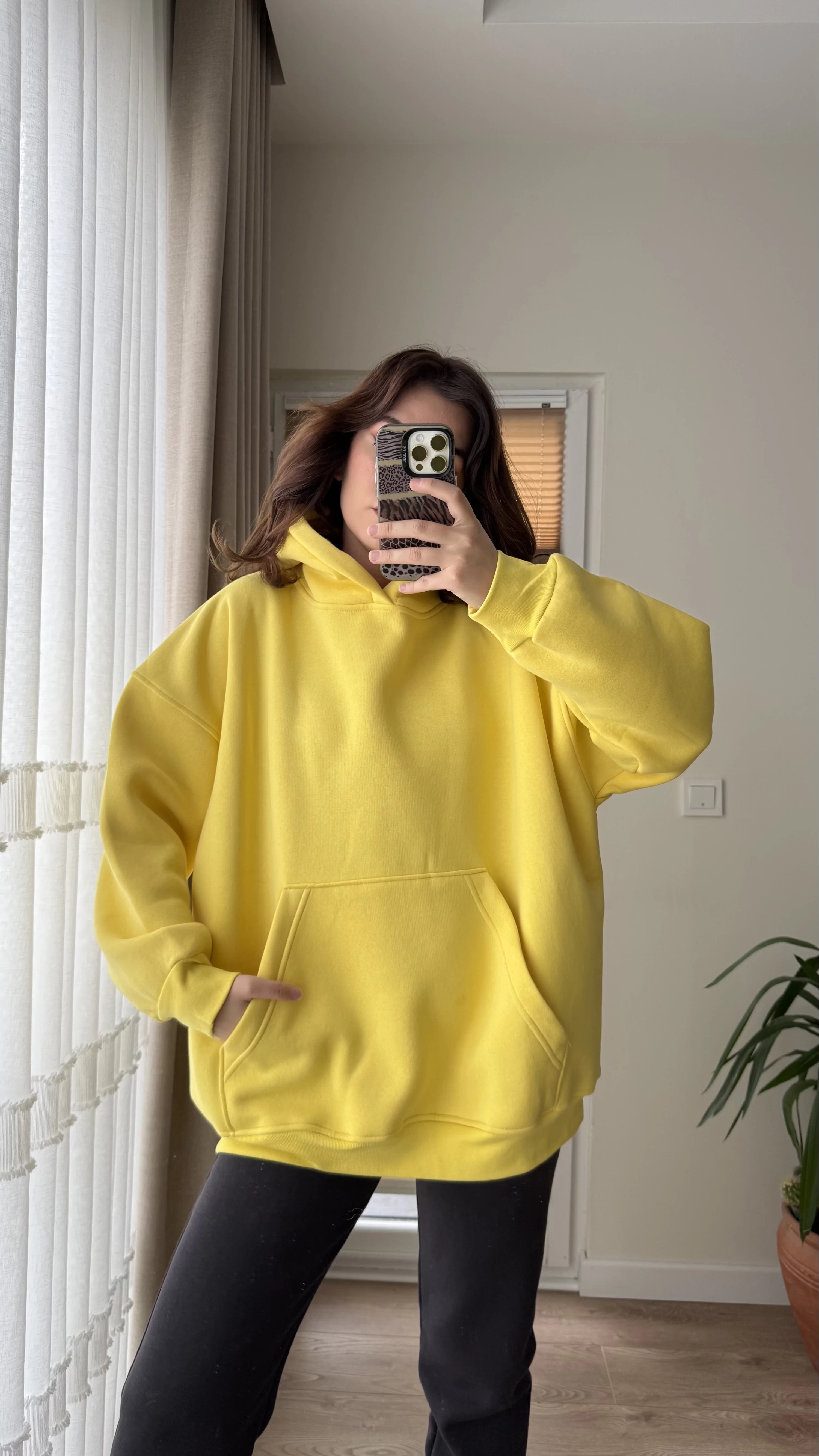 Oversize Kapüşonlu 3 İplik Şardonlu Sweatshirt Sarı