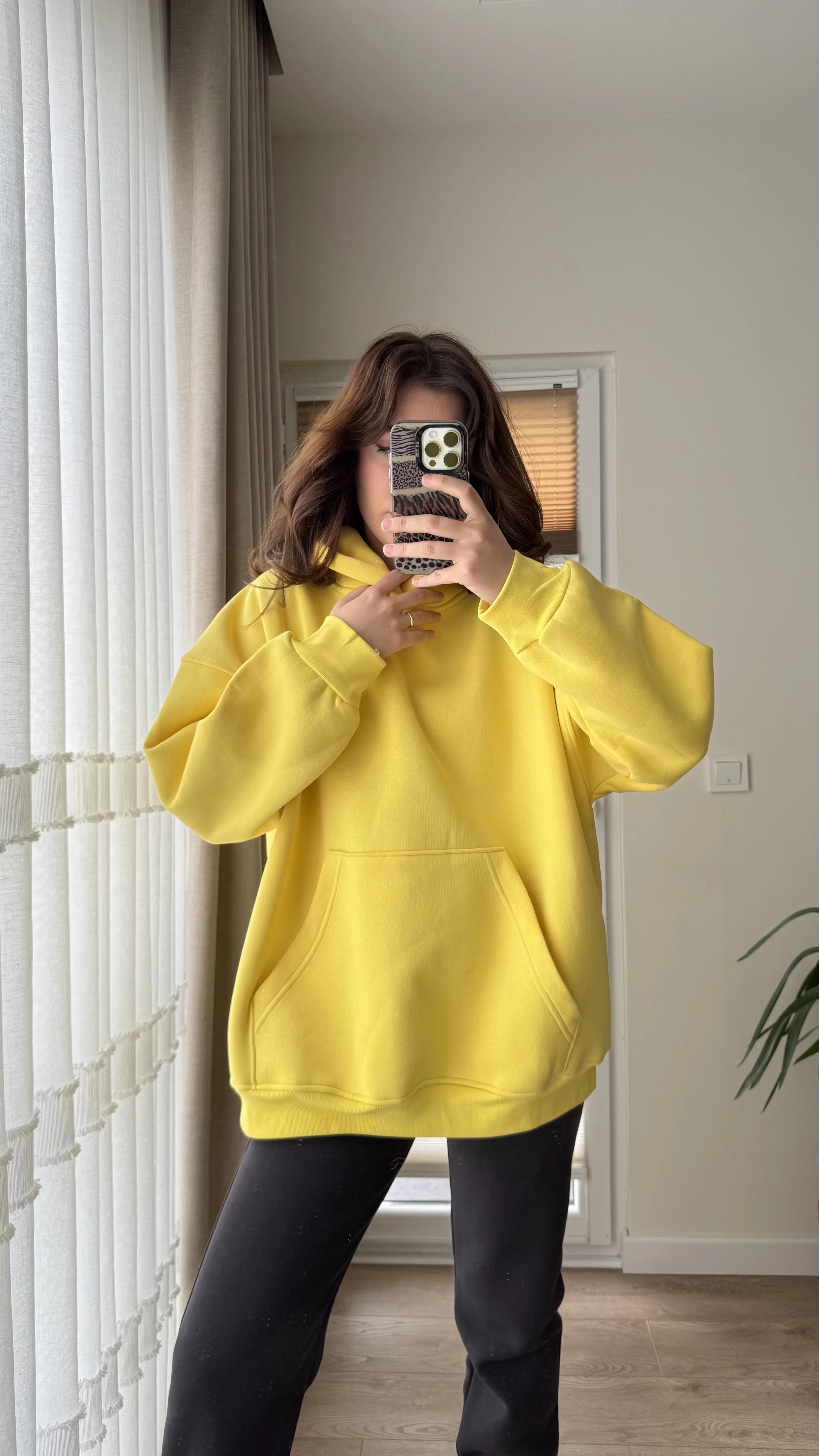 Oversize Kapüşonlu 3 İplik Şardonlu Sweatshirt Sarı