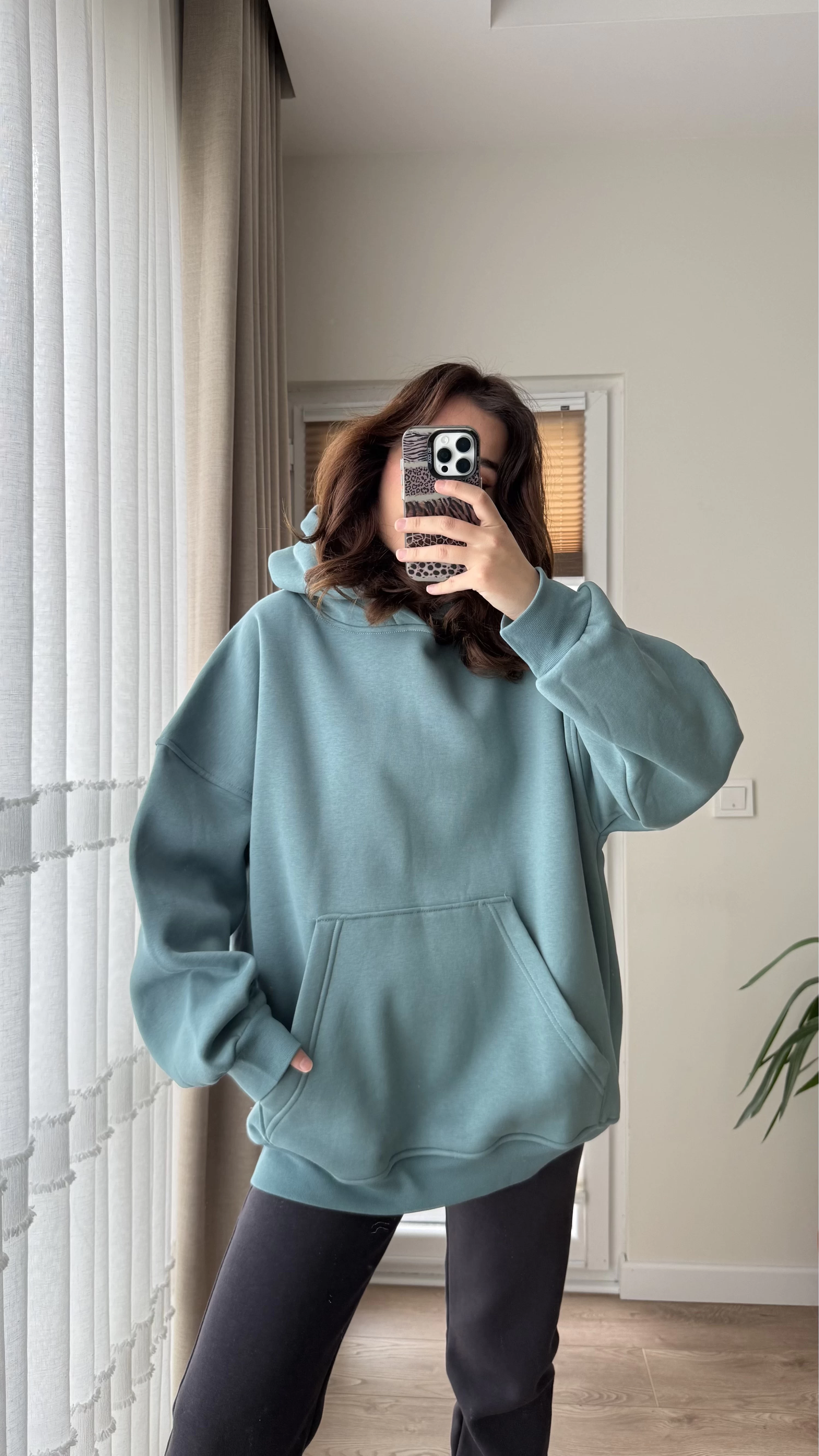 Oversize Kapüşonlu 3 İplik Şardonlu Sweatshirt Turkuaz