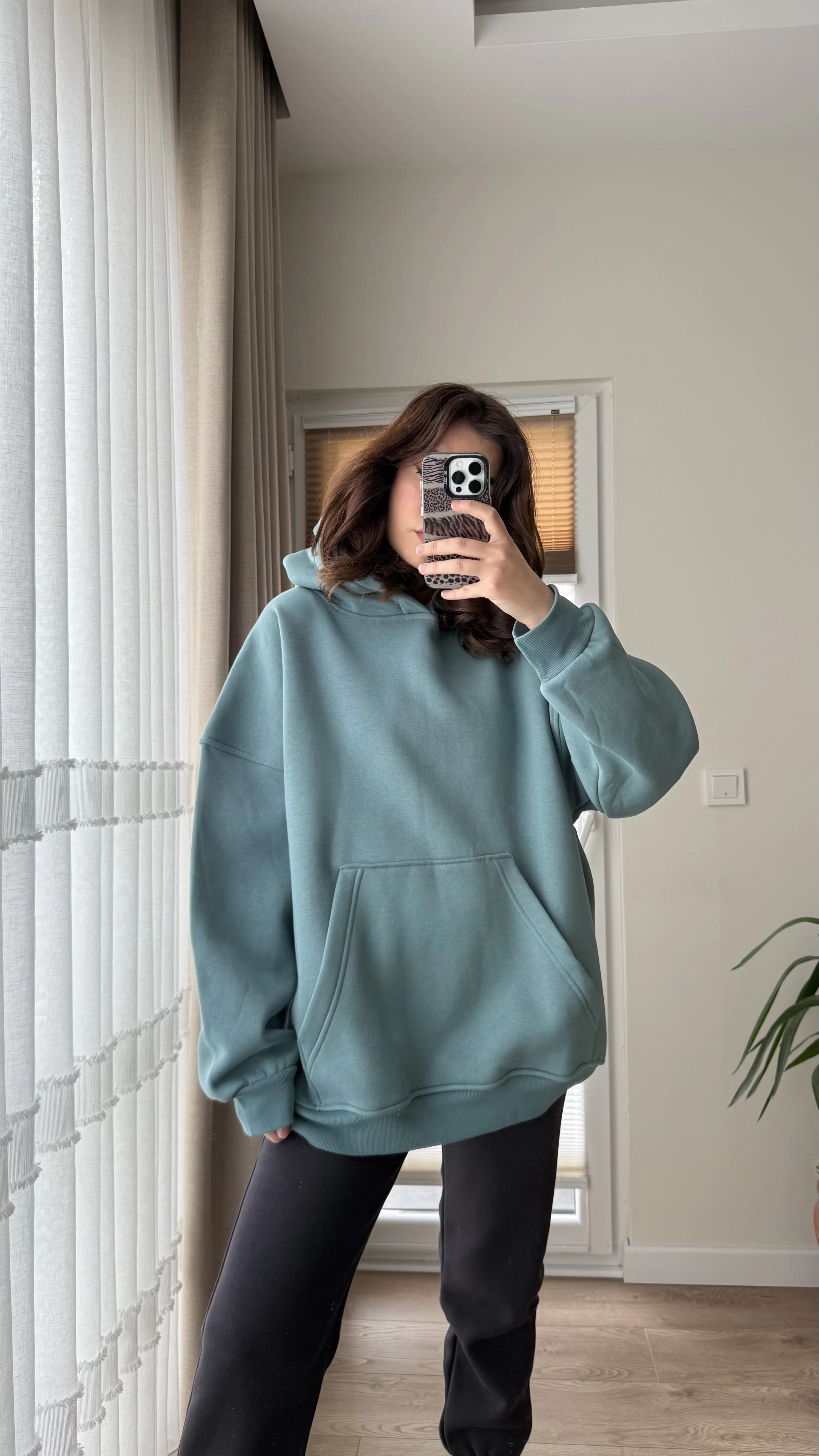 Oversize Kapüşonlu 3 İplik Şardonlu Sweatshirt Turkuaz