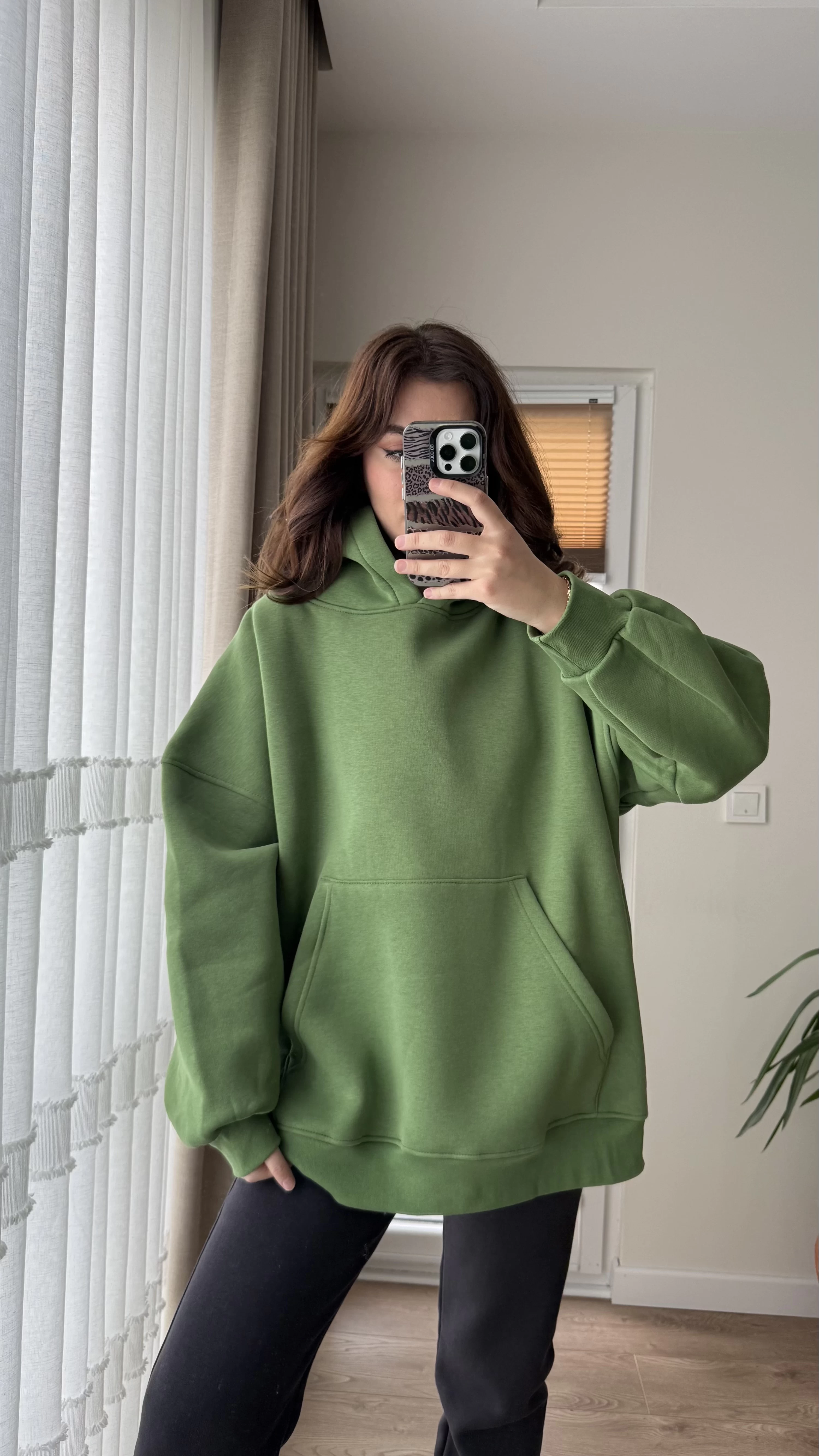 Oversize Kapüşonlu 3 İplik Şardonlu Sweatshirt Yeşil