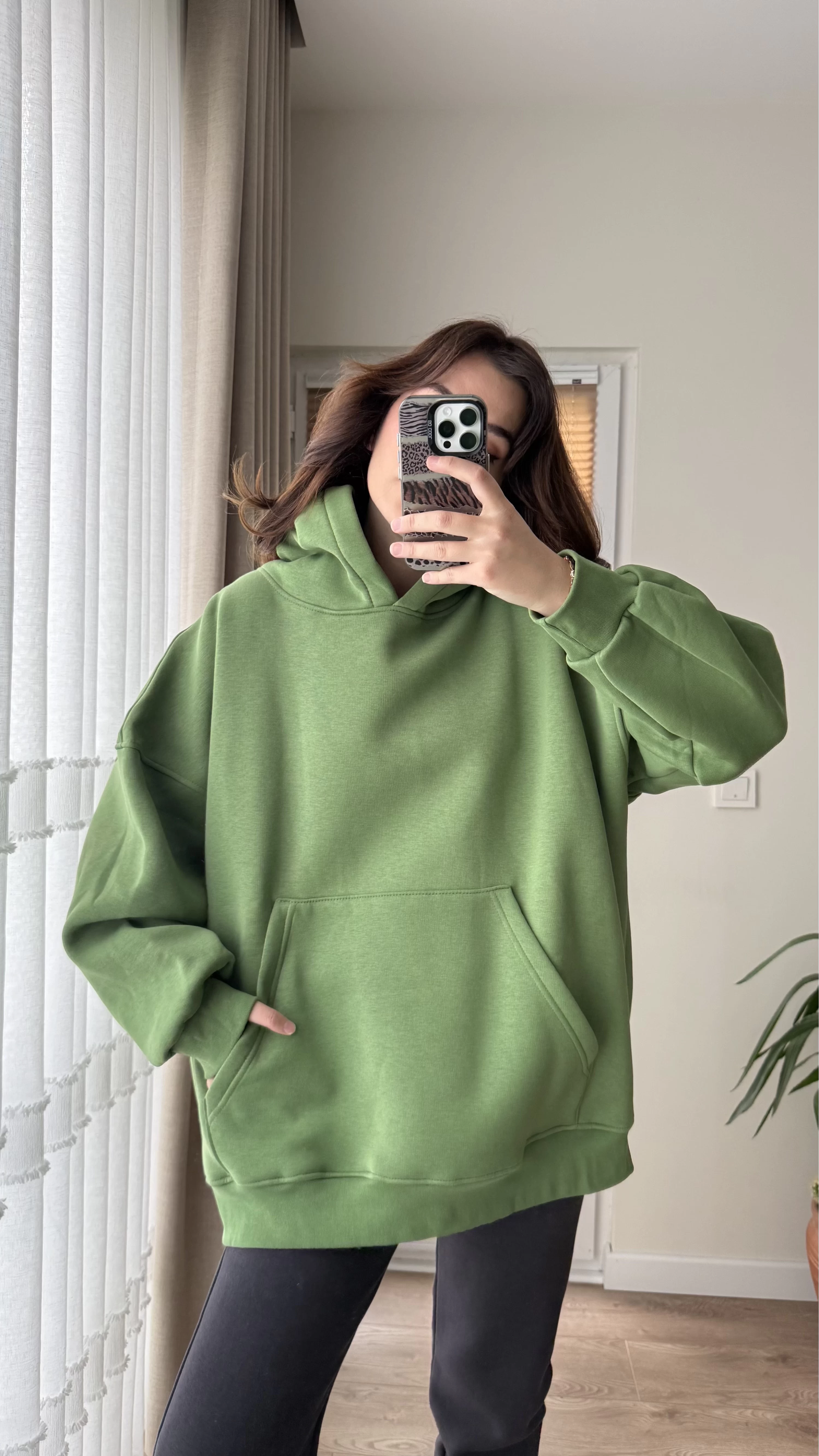 Oversize Kapüşonlu 3 İplik Şardonlu Sweatshirt Yeşil