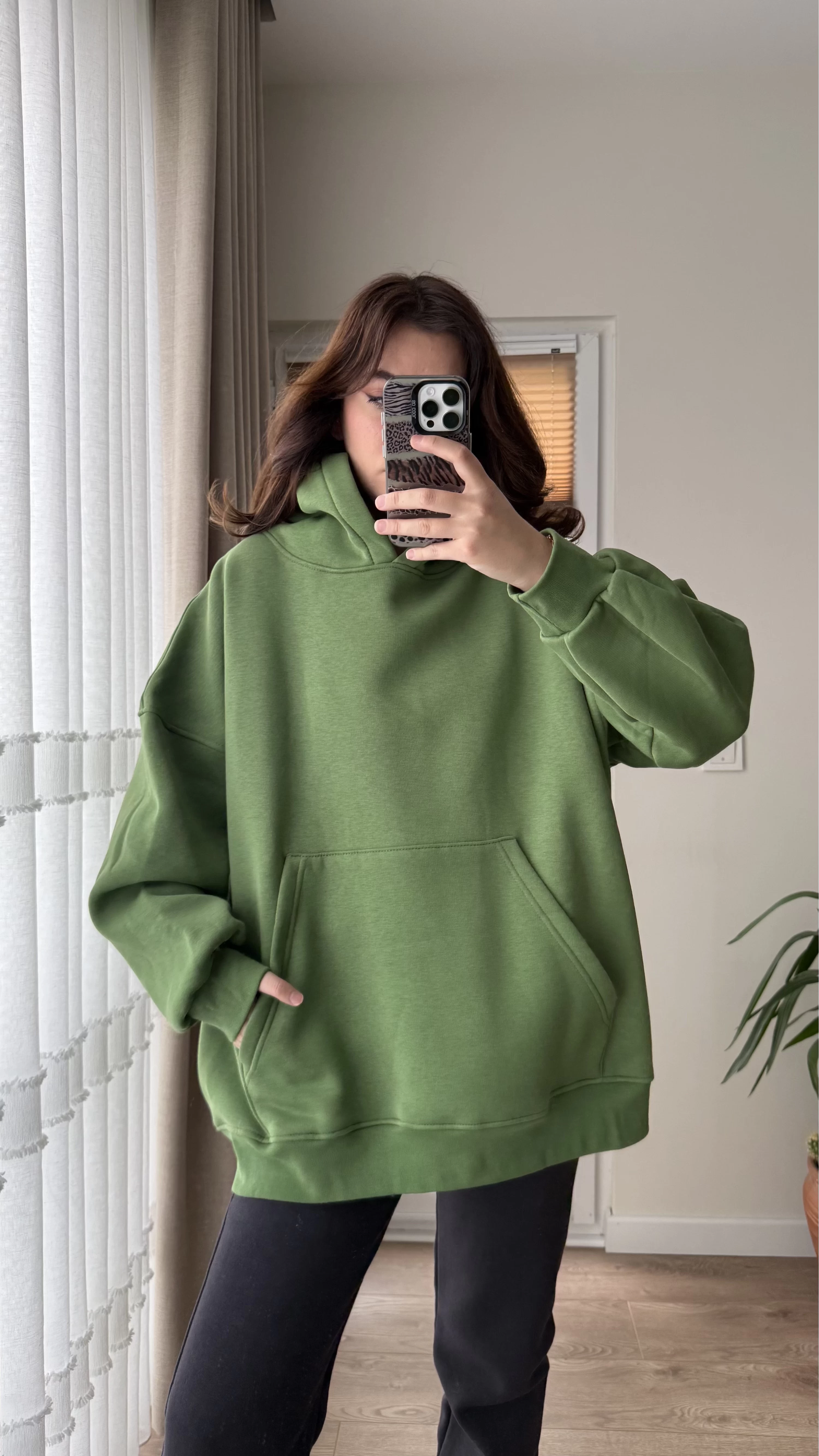 Oversize Kapüşonlu 3 İplik Şardonlu Sweatshirt Yeşil