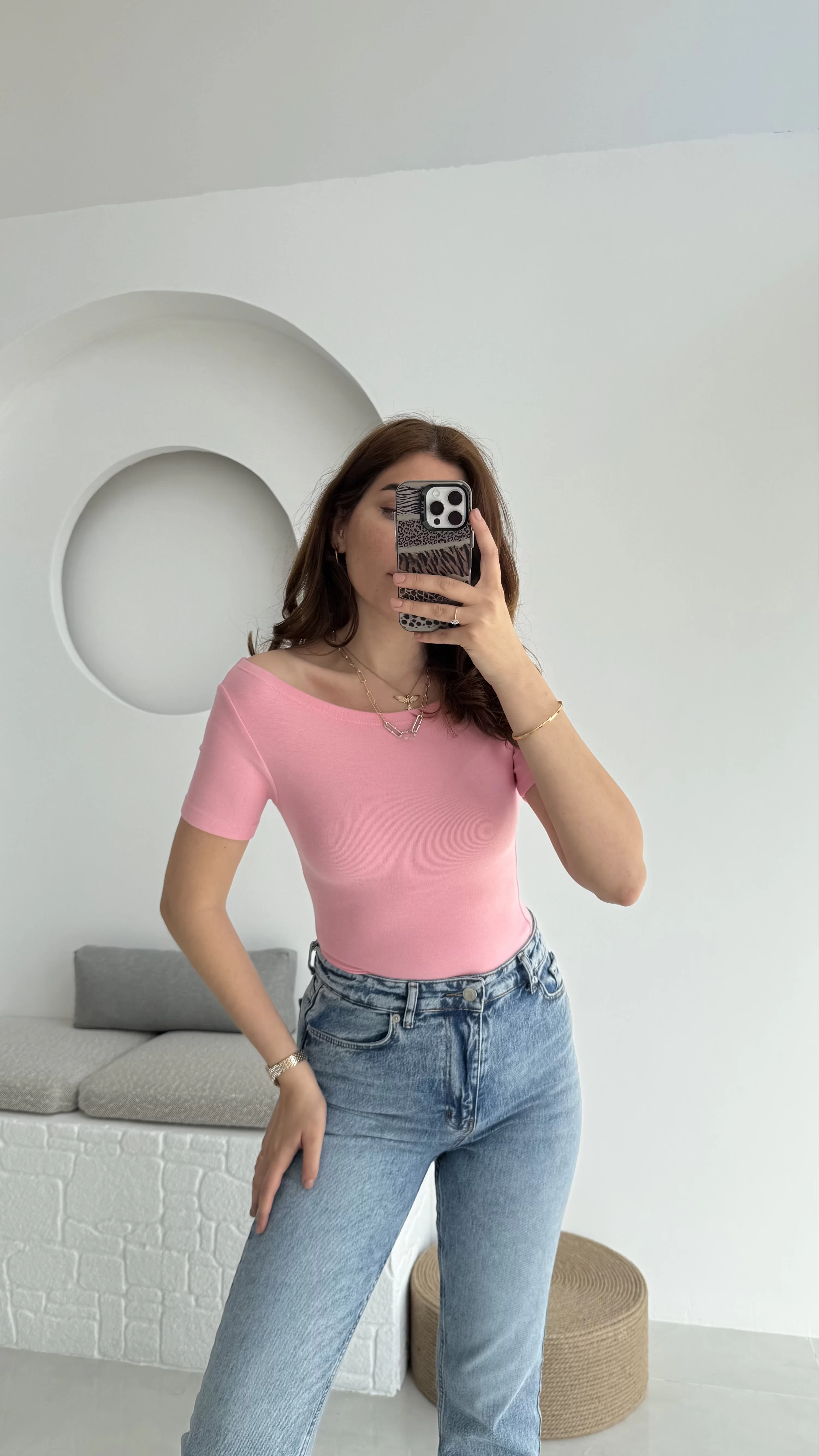 Oys Kayık Yaka T-Shirt Pembe