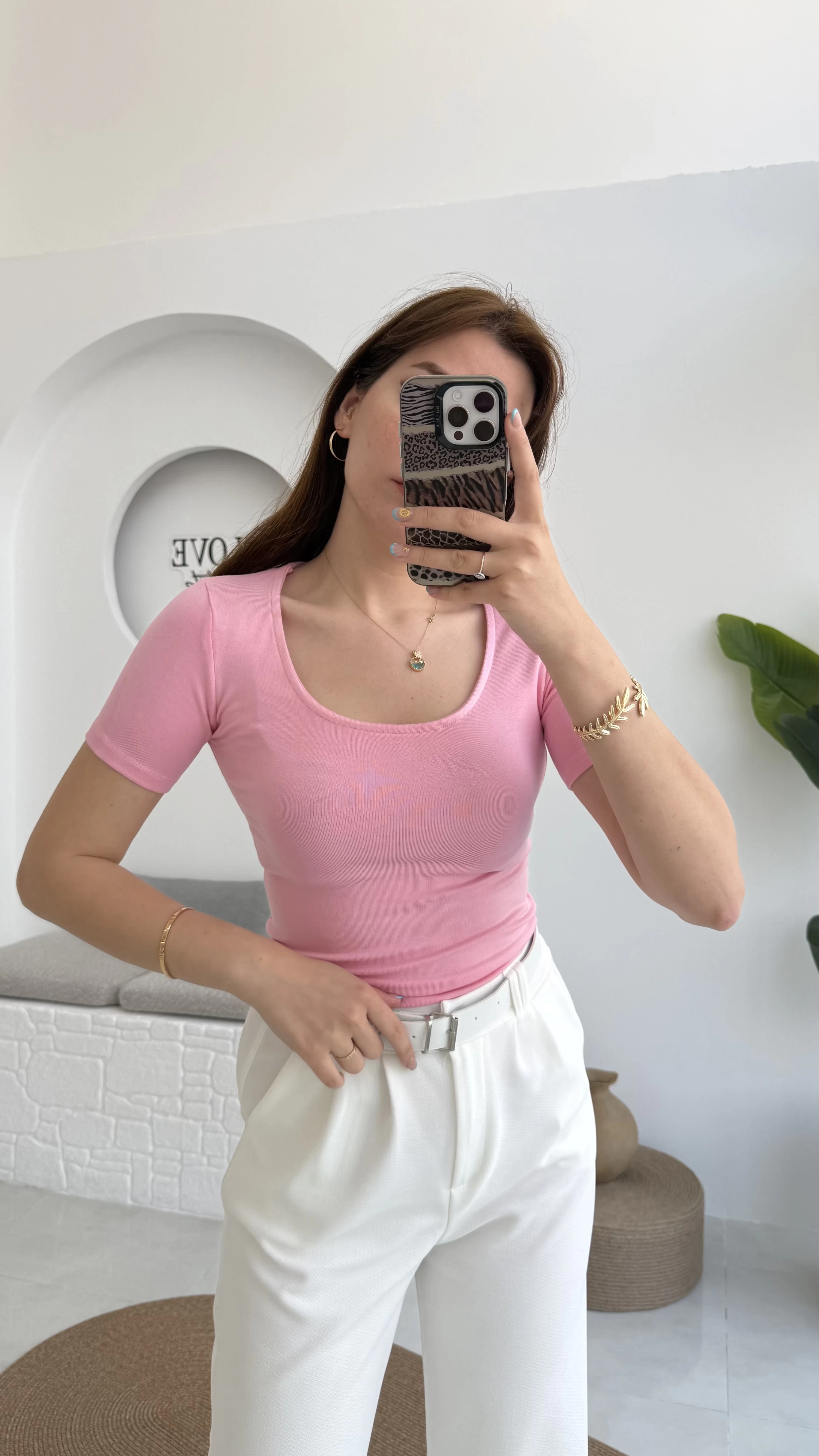 Oys U Yaka T-Shirt Pembe