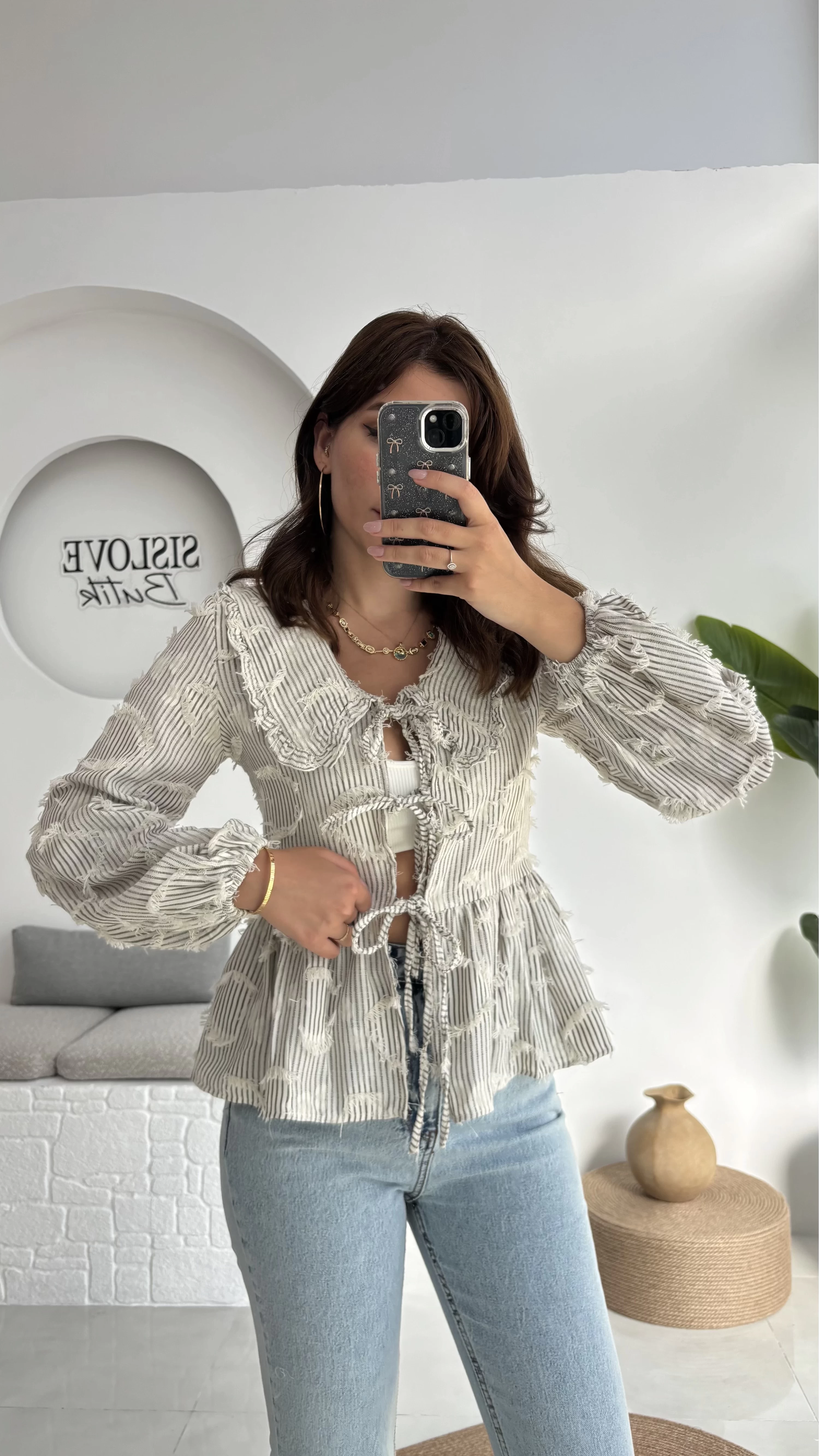 Pear Bebe Yaka Çizgili Bluz - Gri - 1035