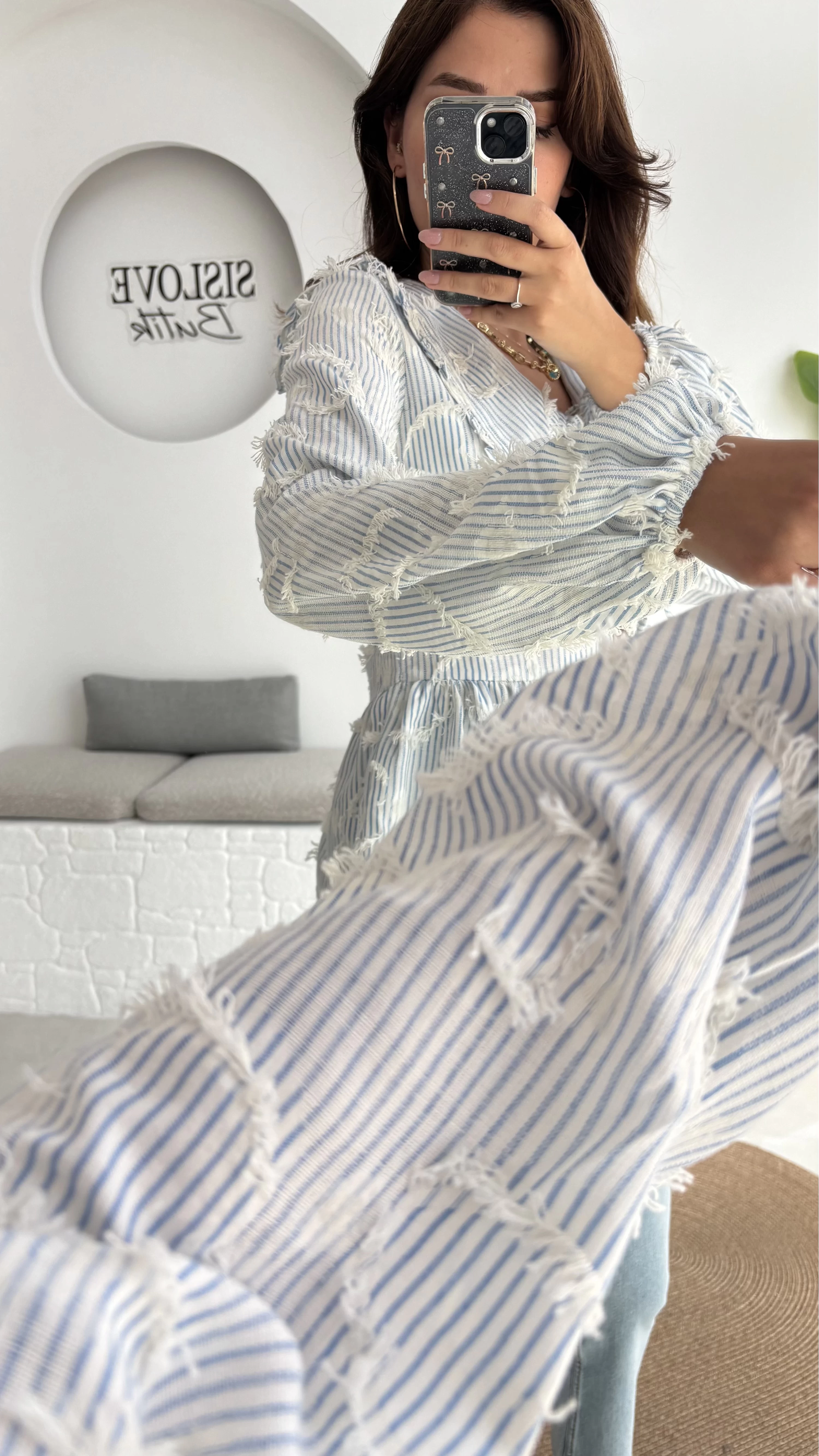 Pear Bebe Yaka Çizgili Bluz - Mavi - 1035
