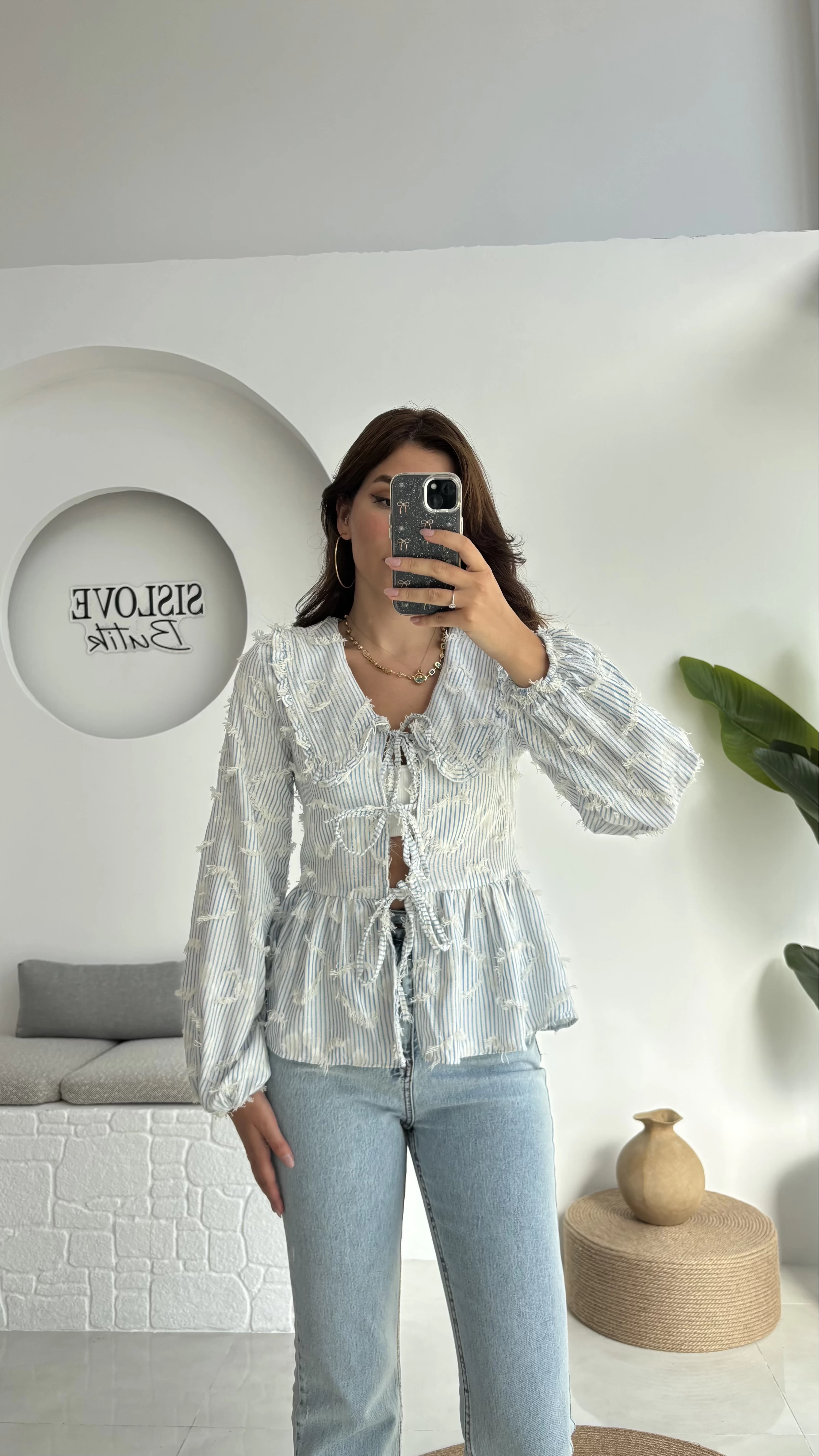 Pear Bebe Yaka Çizgili Bluz - Mavi - 1035