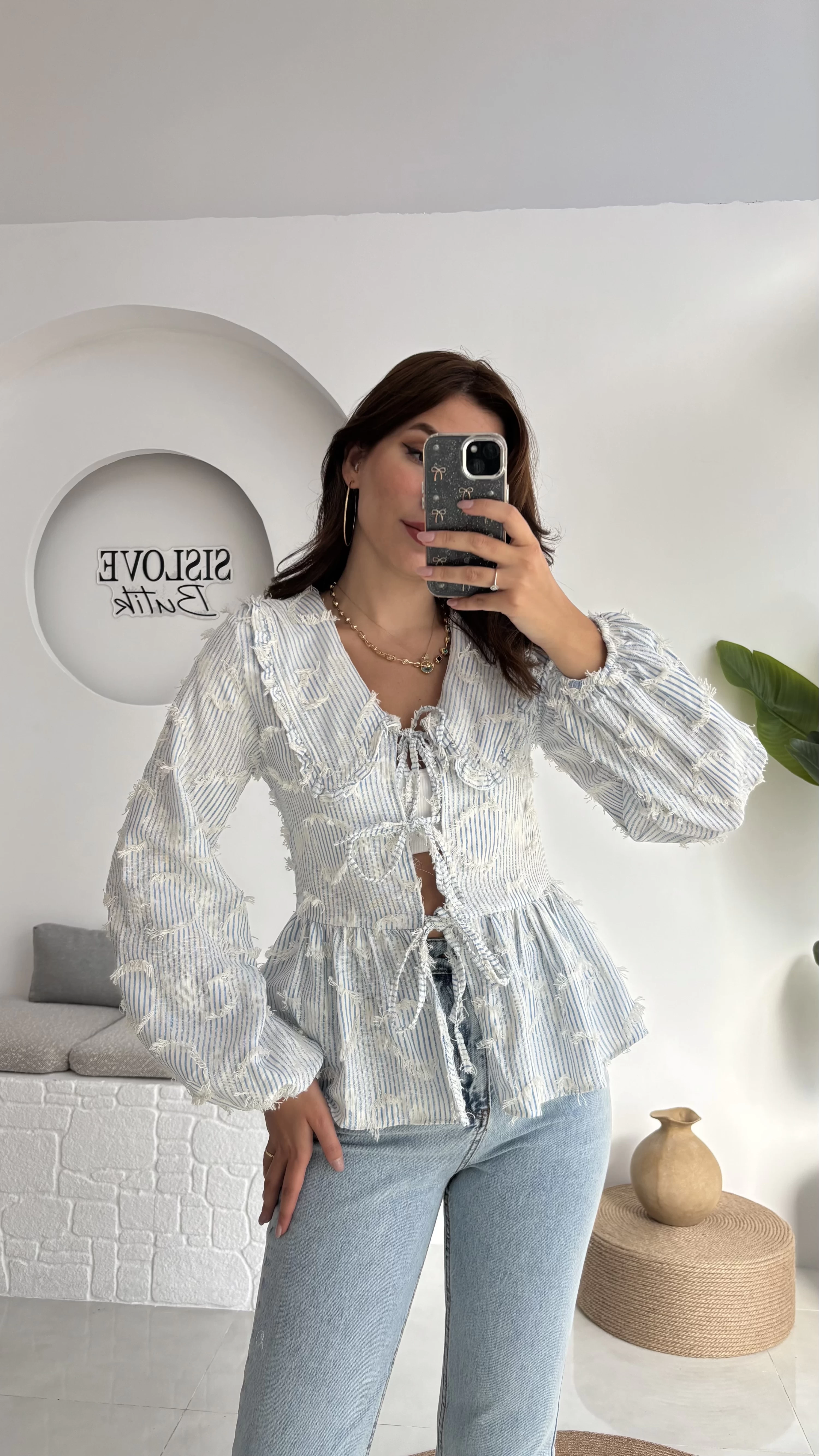 Pear Bebe Yaka Çizgili Bluz - Mavi - 1035