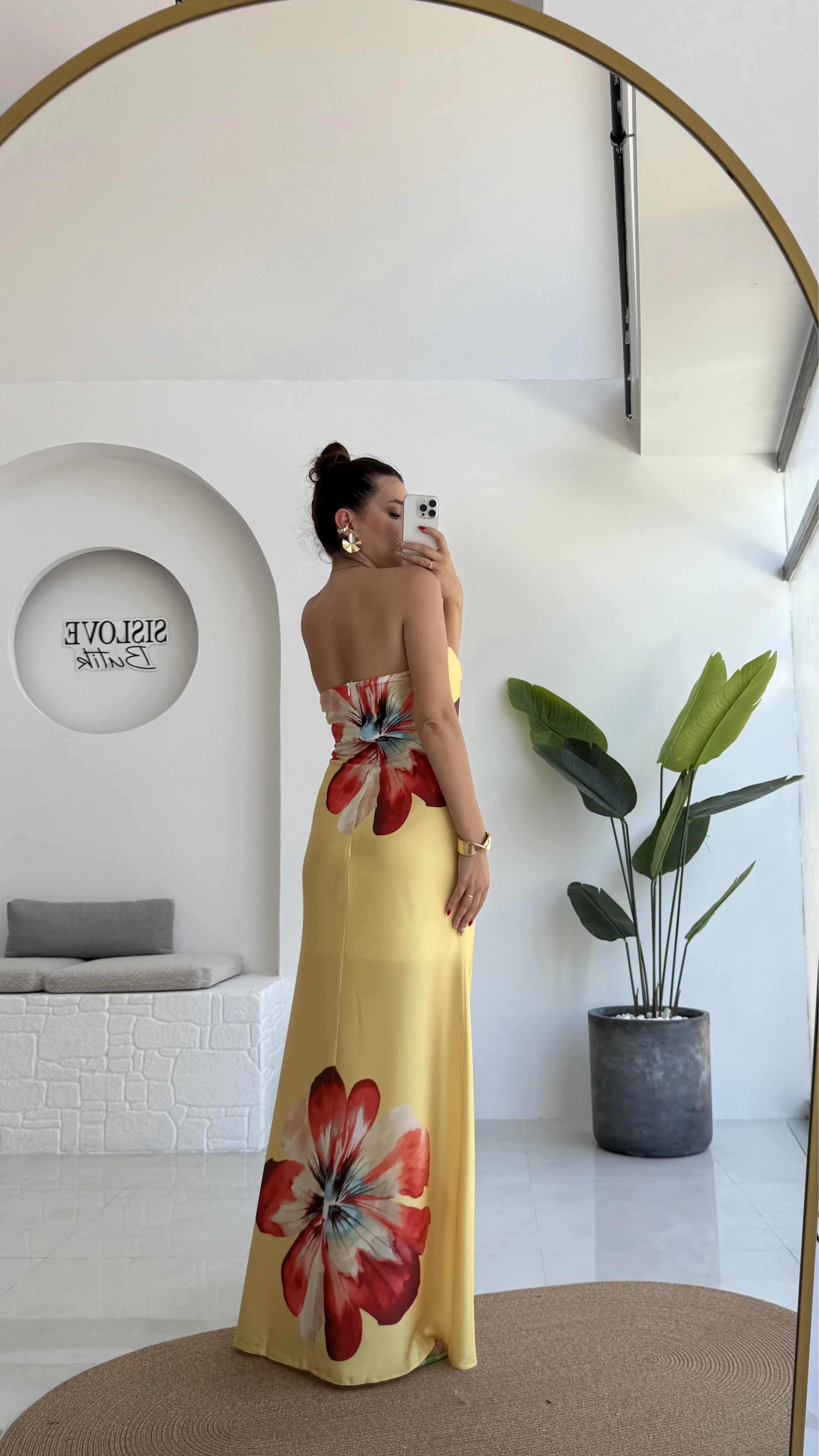 Peony Sarı Straplez Saten Elbise