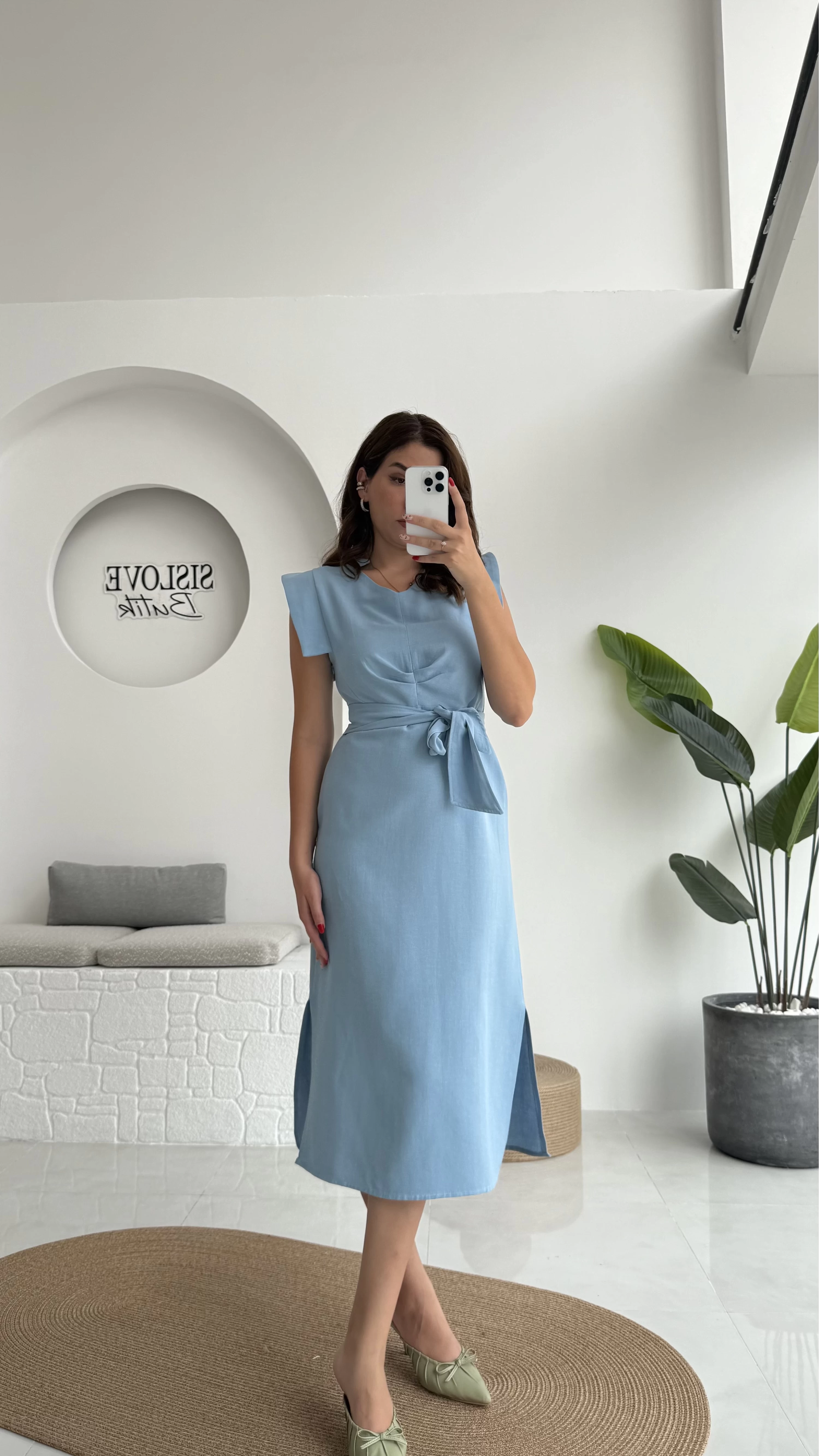 Pimenta Kuşaklı Midi Elbise - Mavi - 2294