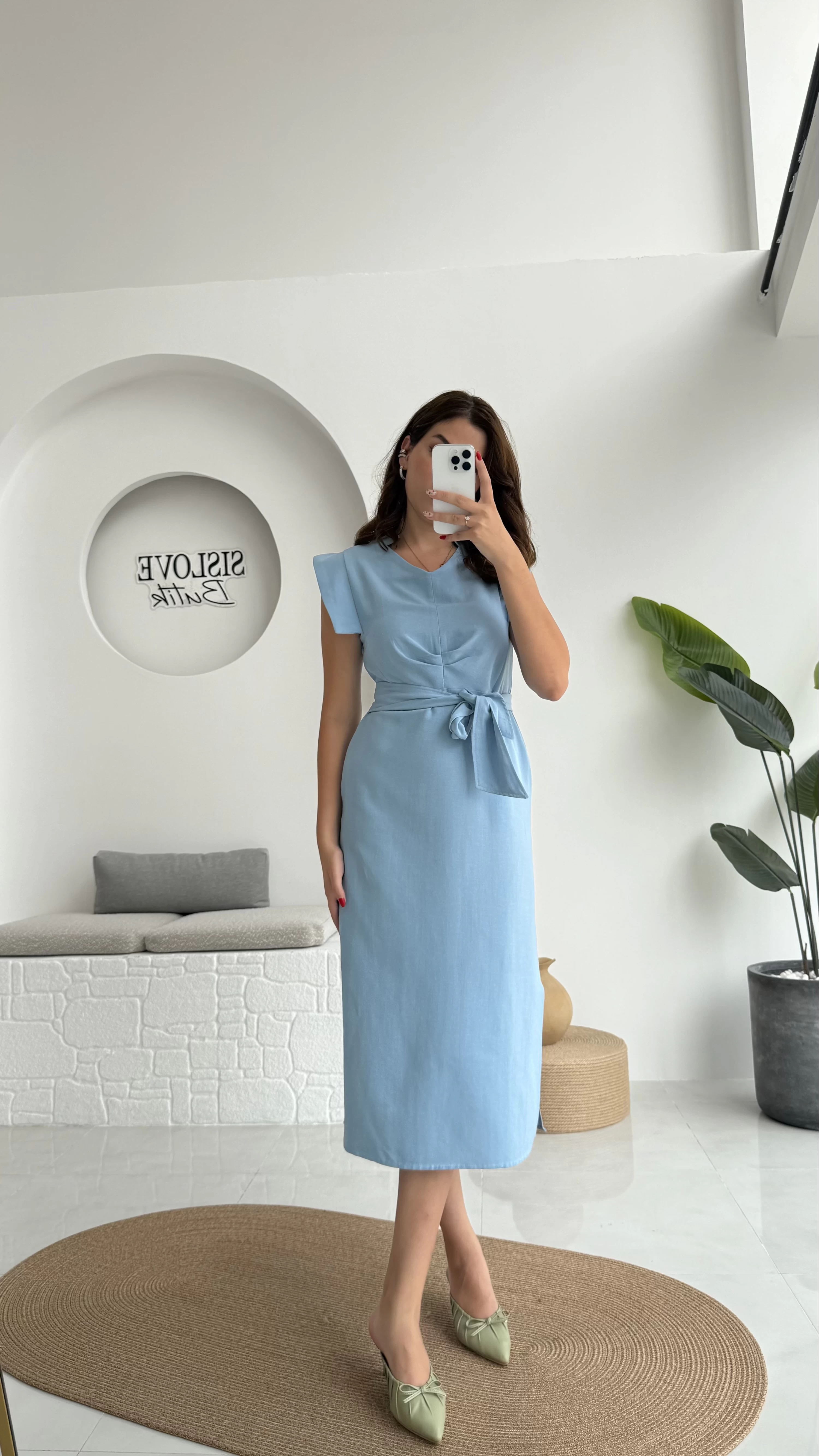 Pimenta Kuşaklı Midi Elbise - Mavi - 2294