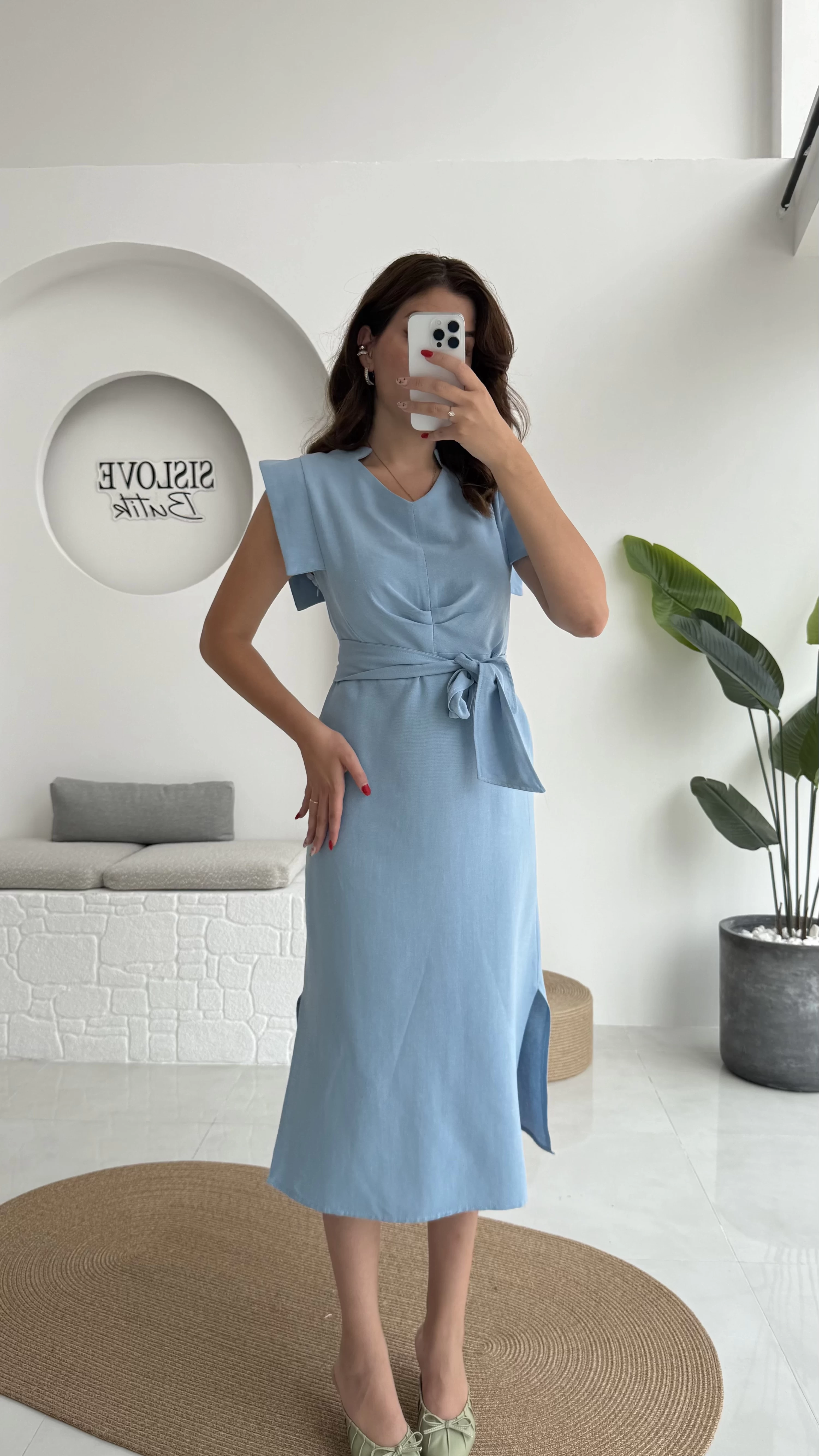 Pimenta Kuşaklı Midi Elbise - Mavi - 2294