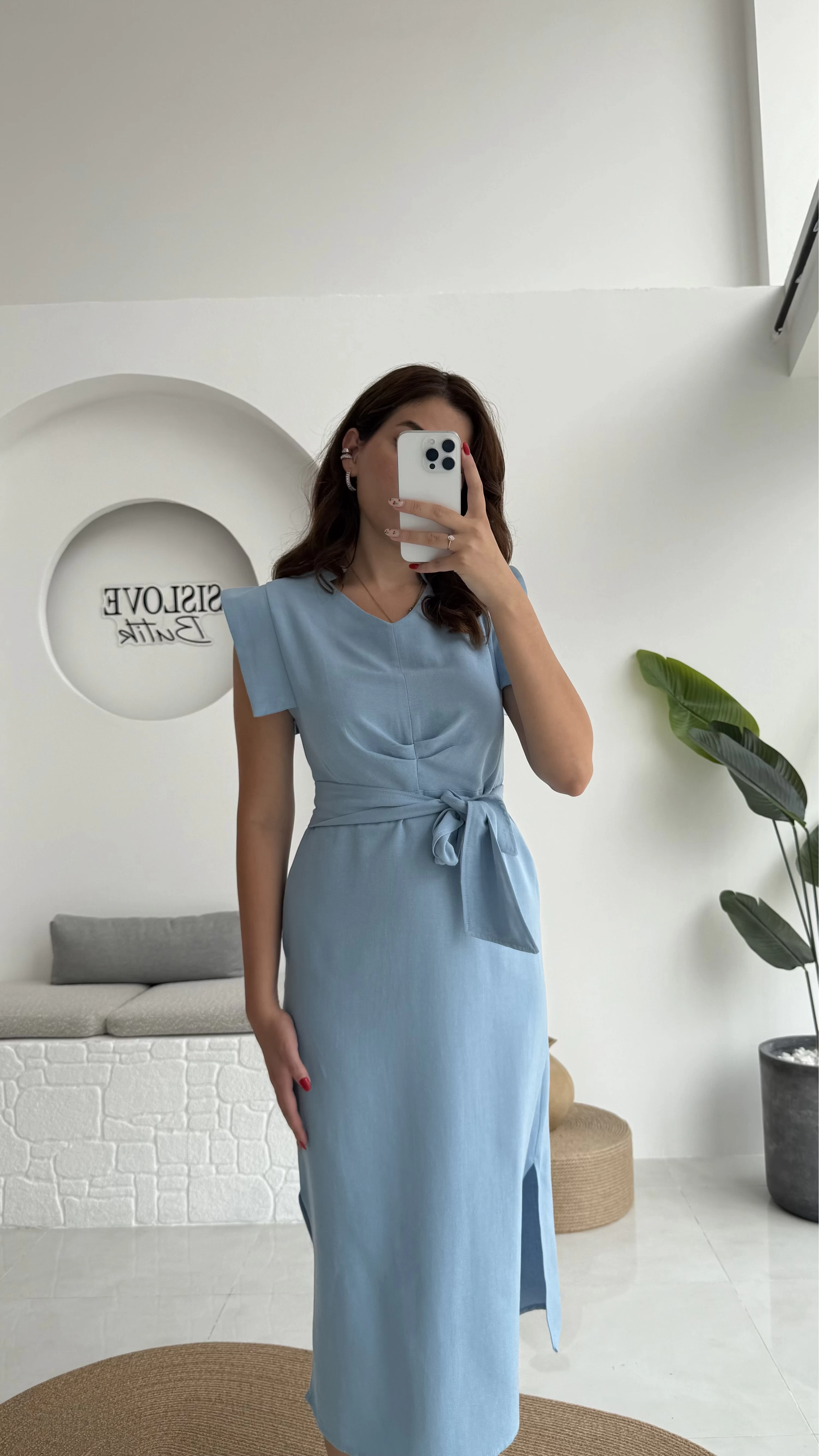 Pimenta Kuşaklı Midi Elbise - Mavi - 2294