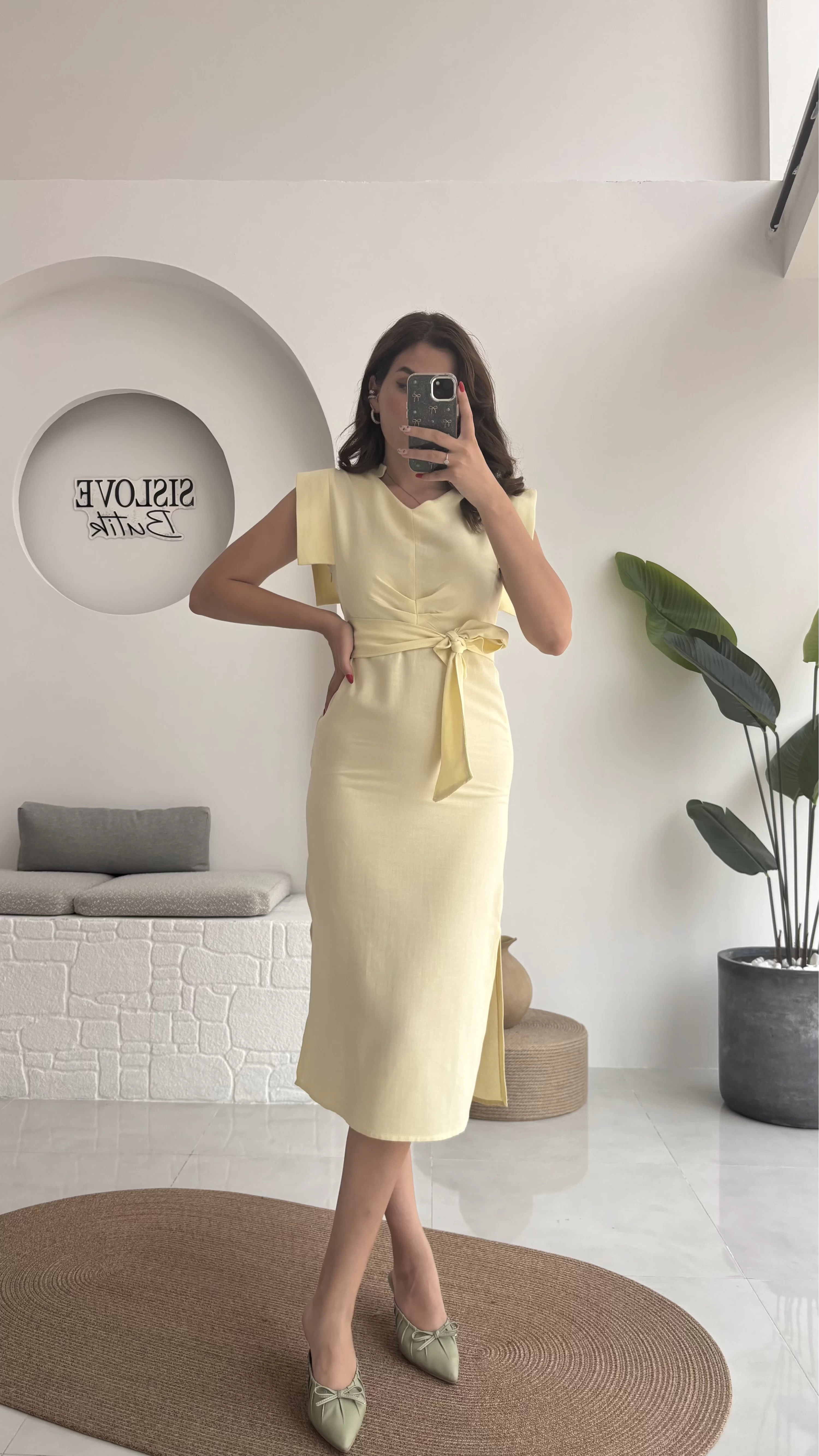 Pimenta Kuşaklı Midi Elbise - Sarı - 2294