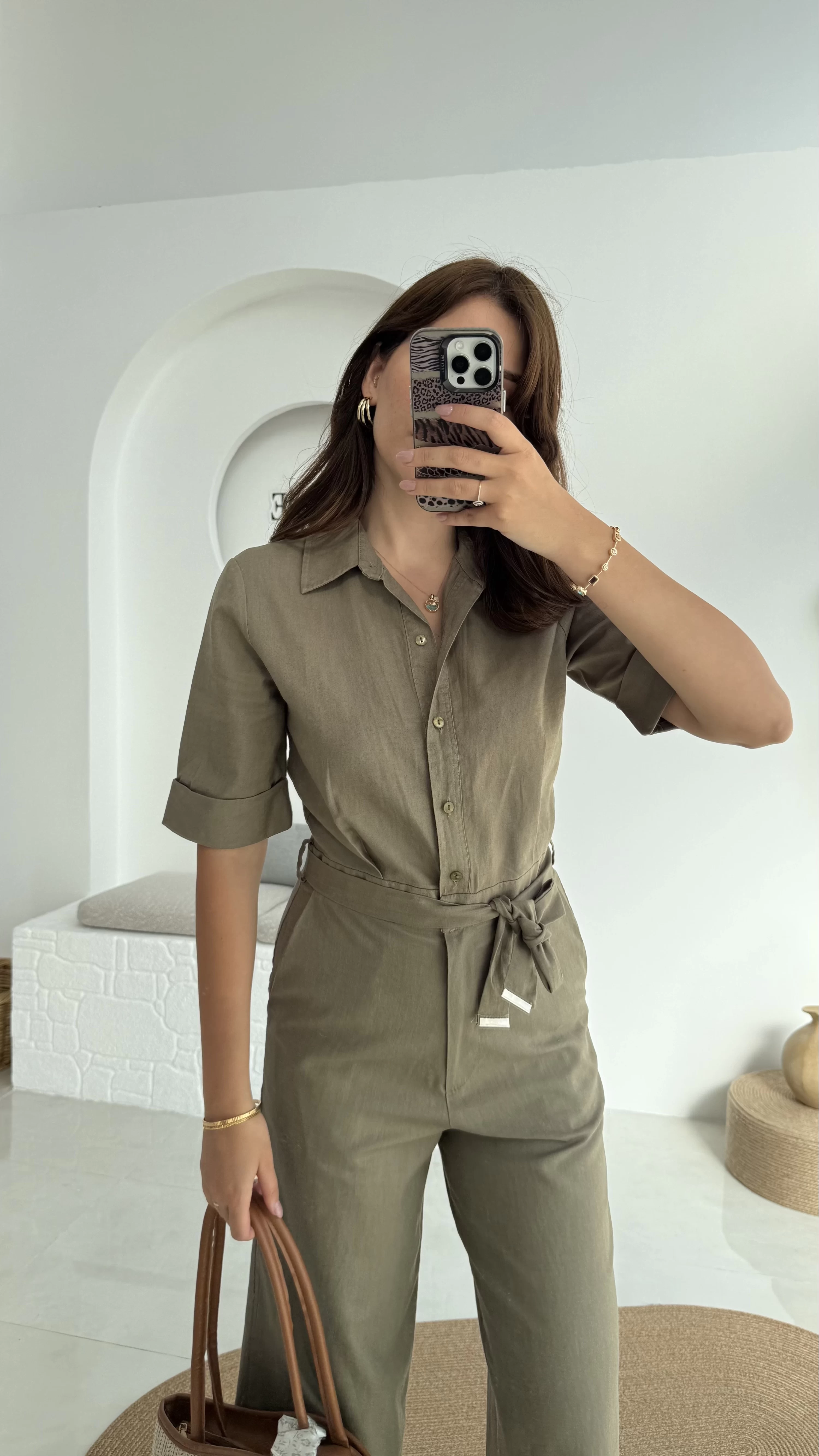 Premium Kuşaklı Uzun Tulum - Haki