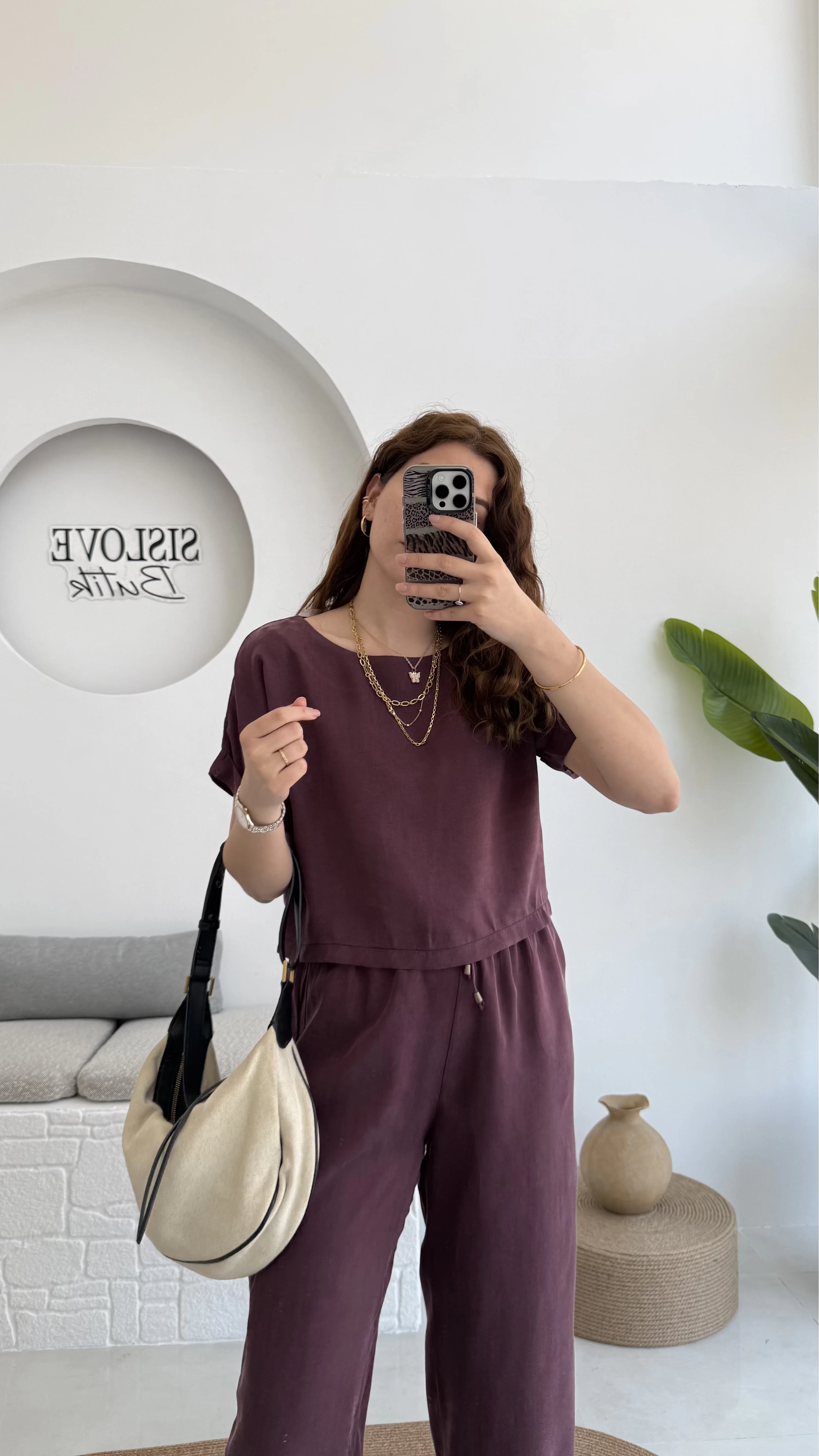 Premium Tensel Bluz Pantolon Takım - Bordo - 51163