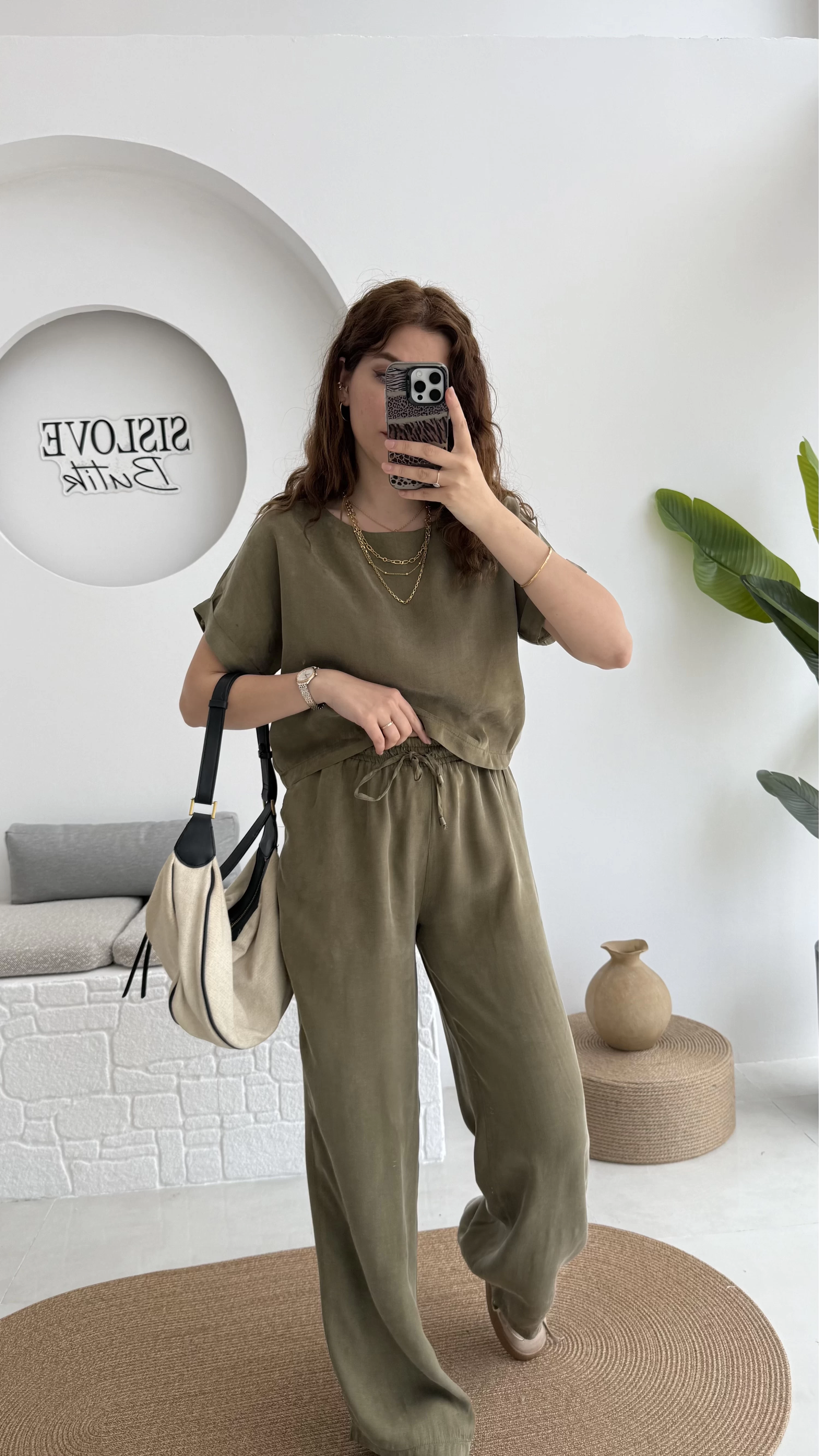 Premium Tensel Bluz Pantolon Takım - Haki - 51163