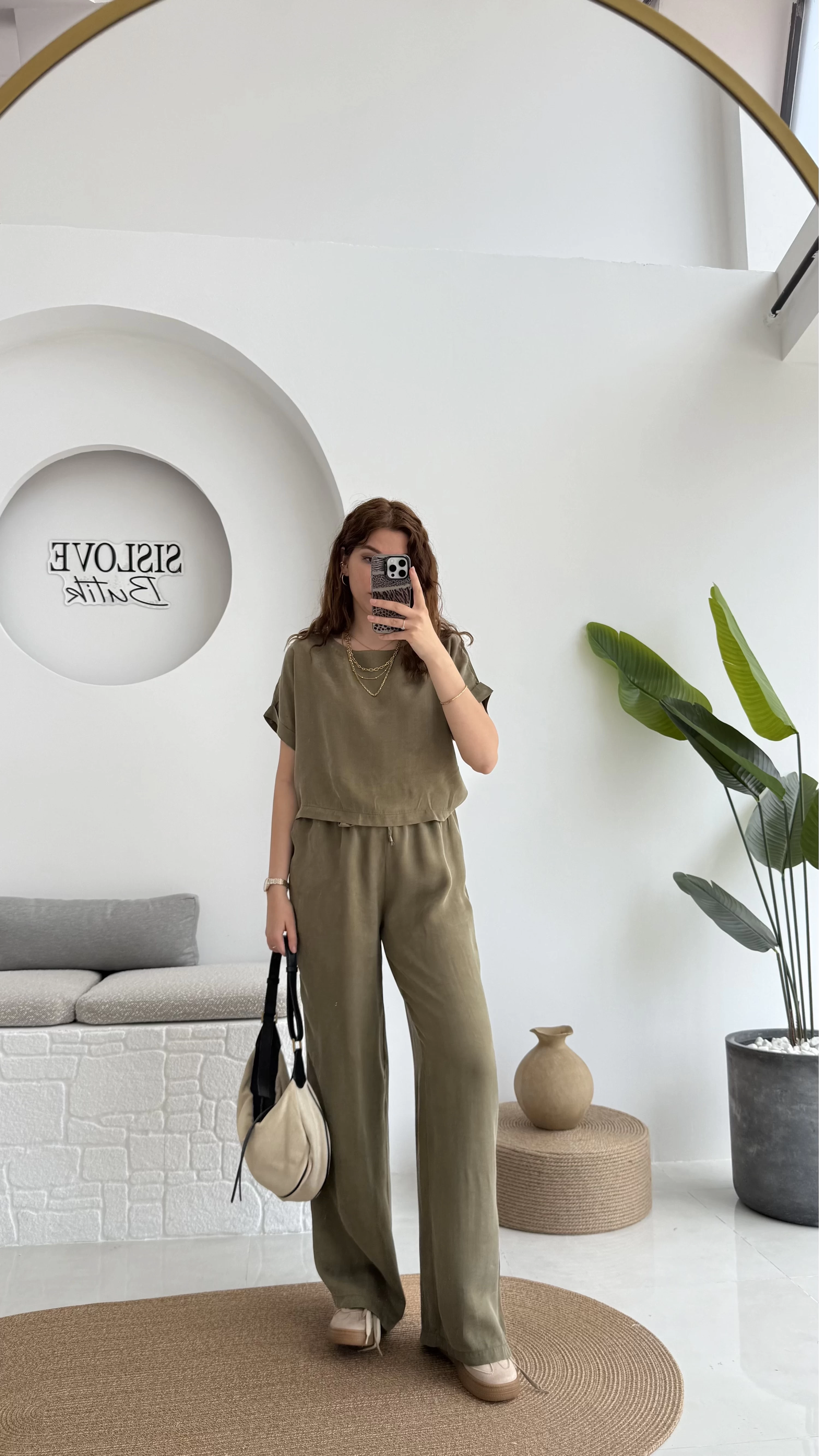 Premium Tensel Bluz Pantolon Takım - Haki - 51163