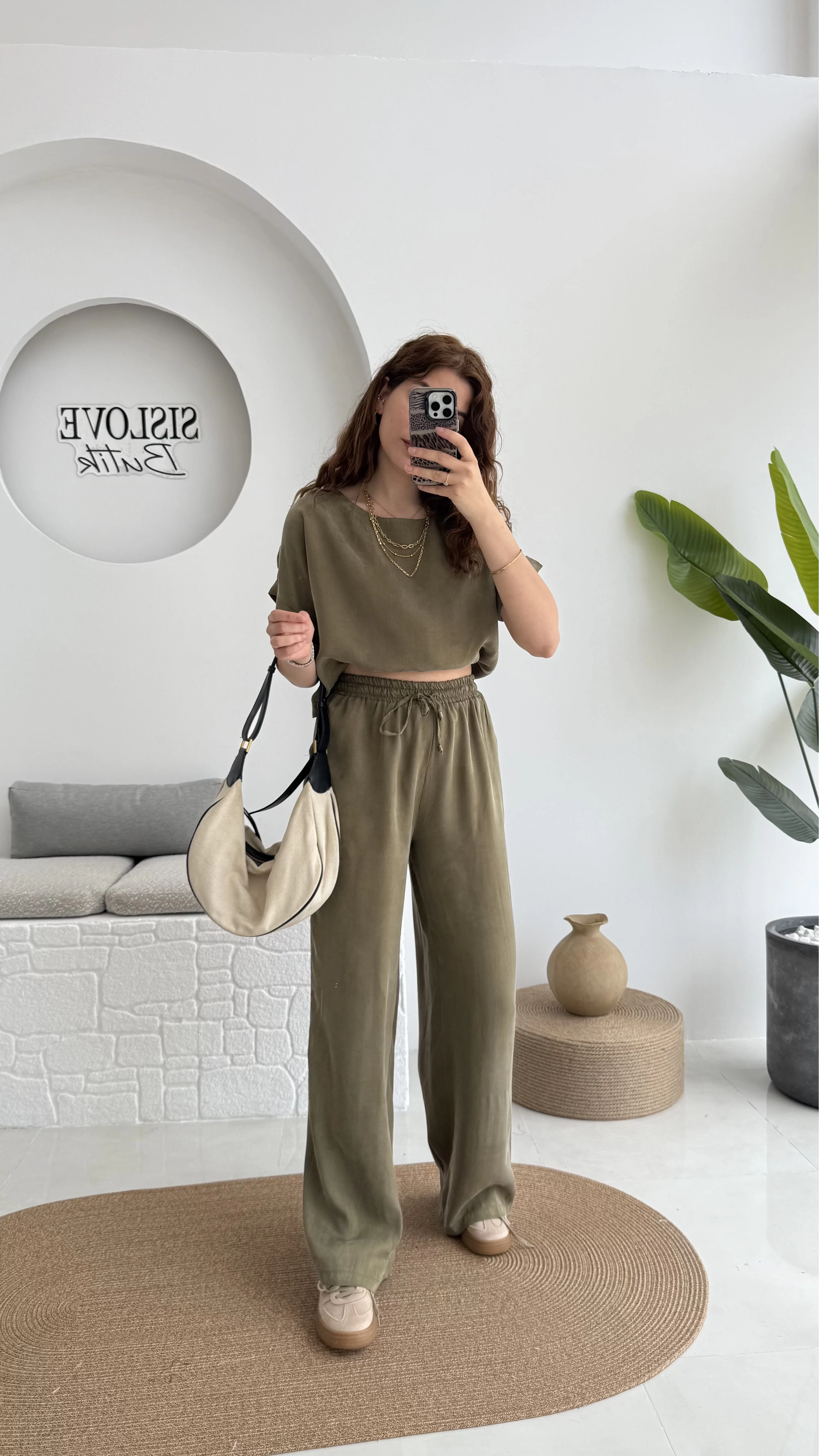 Premium Tensel Bluz Pantolon Takım - Haki - 51163