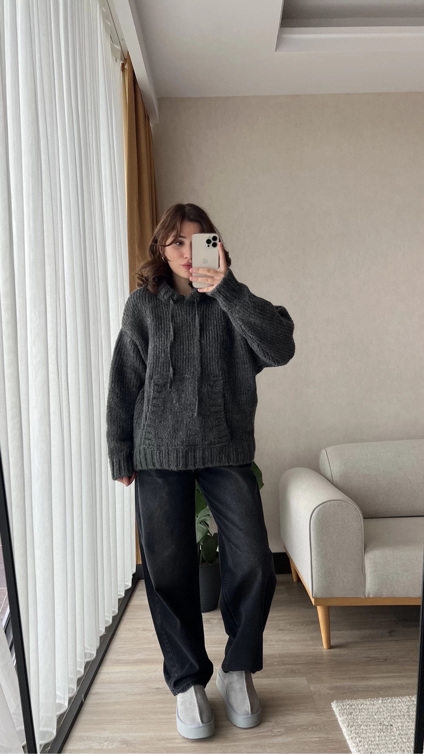 Puffy Oversize Örgü Sweatshirt Antrasit