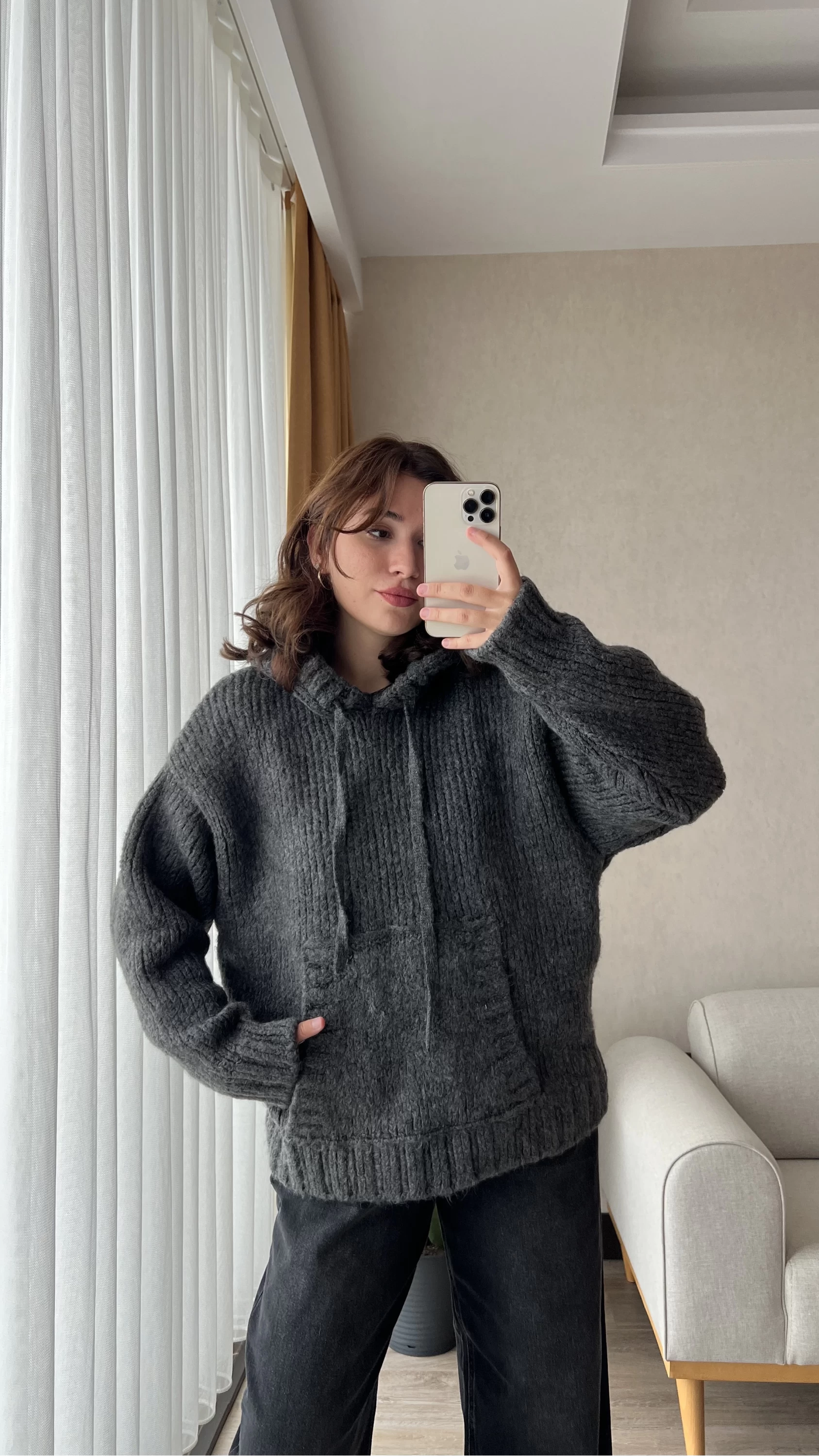 Puffy Oversize Örgü Sweatshirt Antrasit