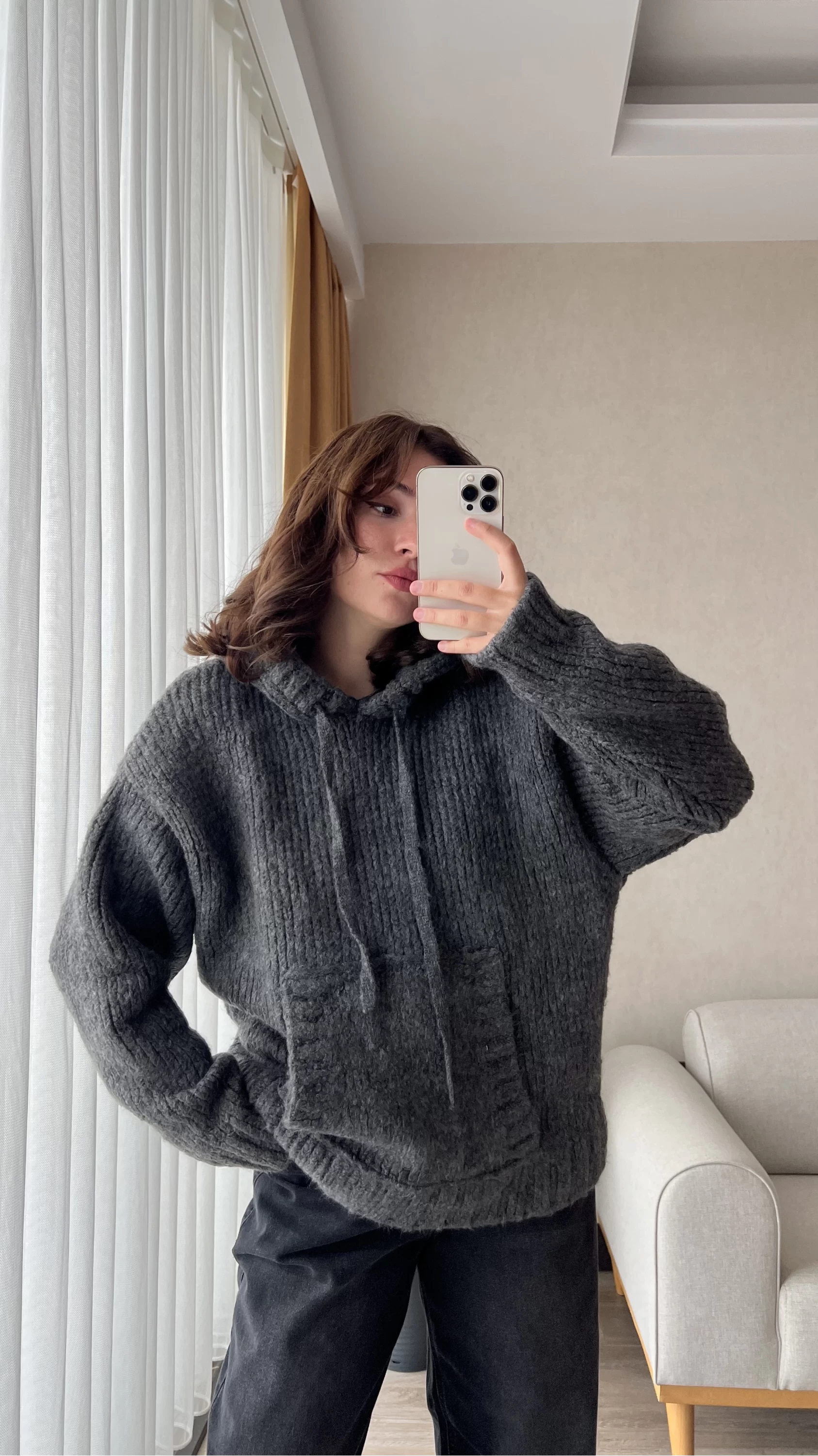 Puffy Oversize Örgü Sweatshirt Antrasit