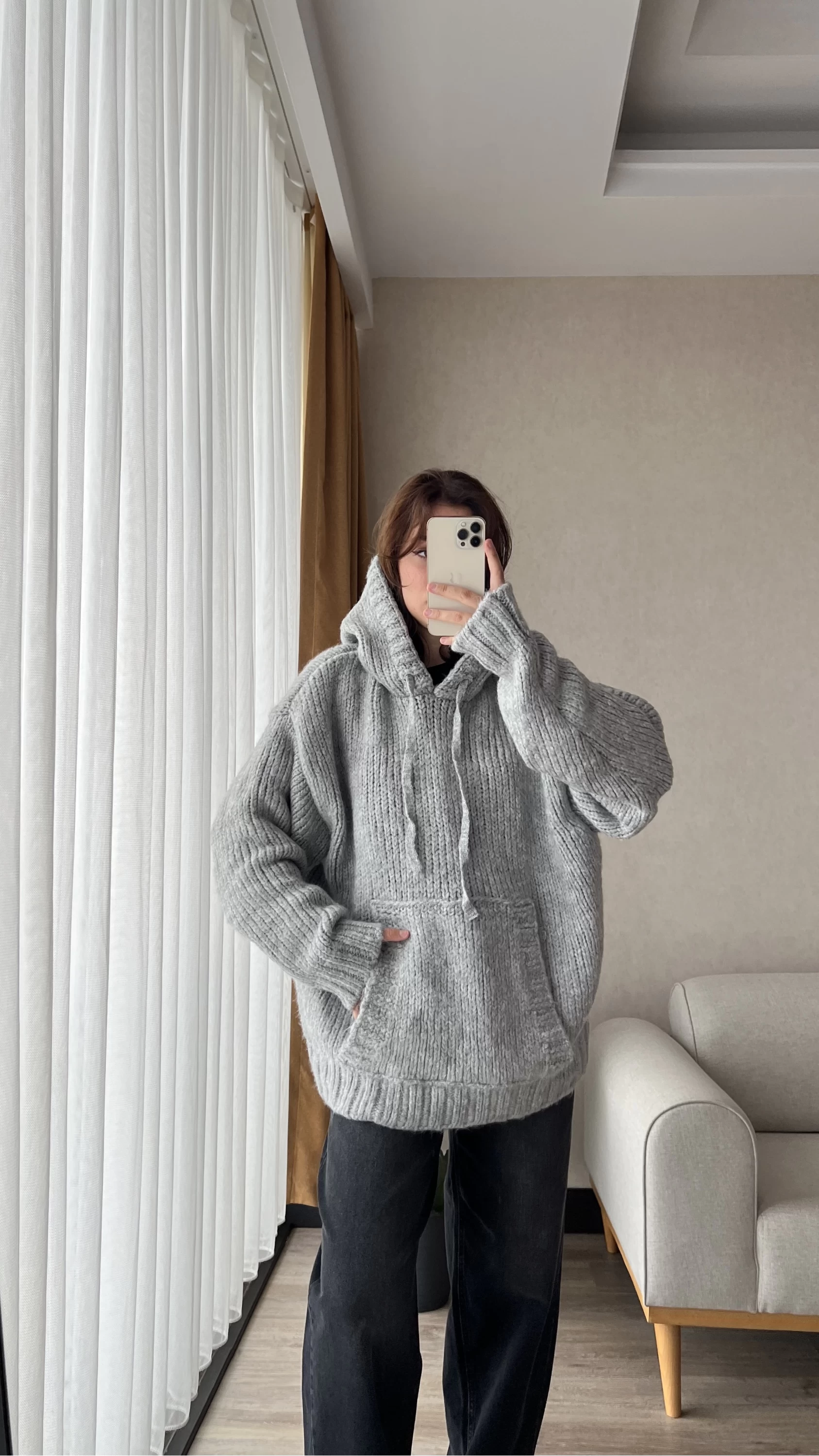 Puffy Oversize Örgü Sweatshirt Gri