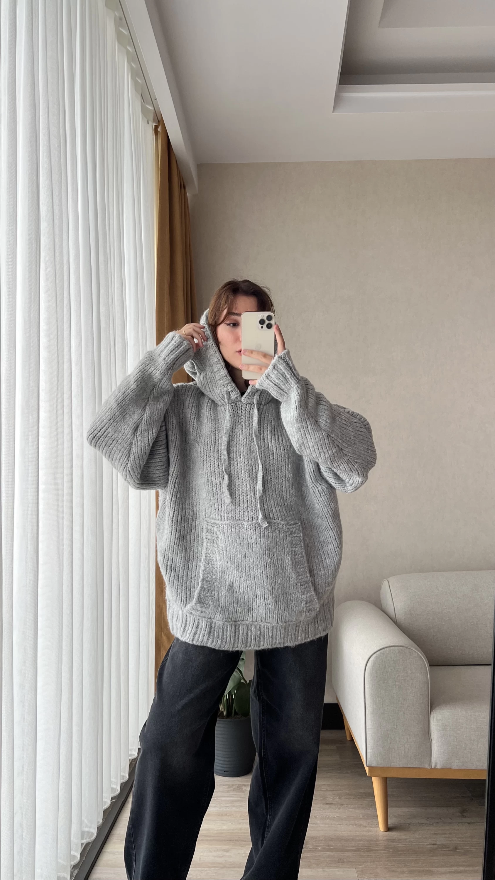 Puffy Oversize Örgü Sweatshirt Gri